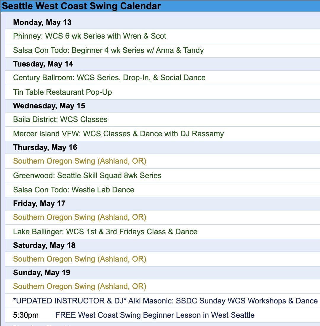 🗓️ This Week in Seattle WCS 🗓️ 

It can be a full week if you're going to PNW convention SOswing in Oregon including local special mentions to:
🍔 Tuesday @thetintablerestaurant Pop-Up
🪩 Sunday SSDC

Click event title for more details at 'calendar
