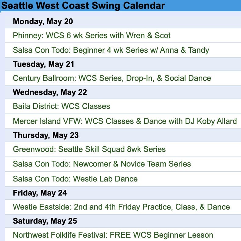 🗓️ This week in Seattle WCS is a regular week including our special appearance at @nwfolklife this Saturday! For details, click each event title at 'calendar' #linkinbio 

#modernswing #westcoastswing #northwestfolklife #WCS