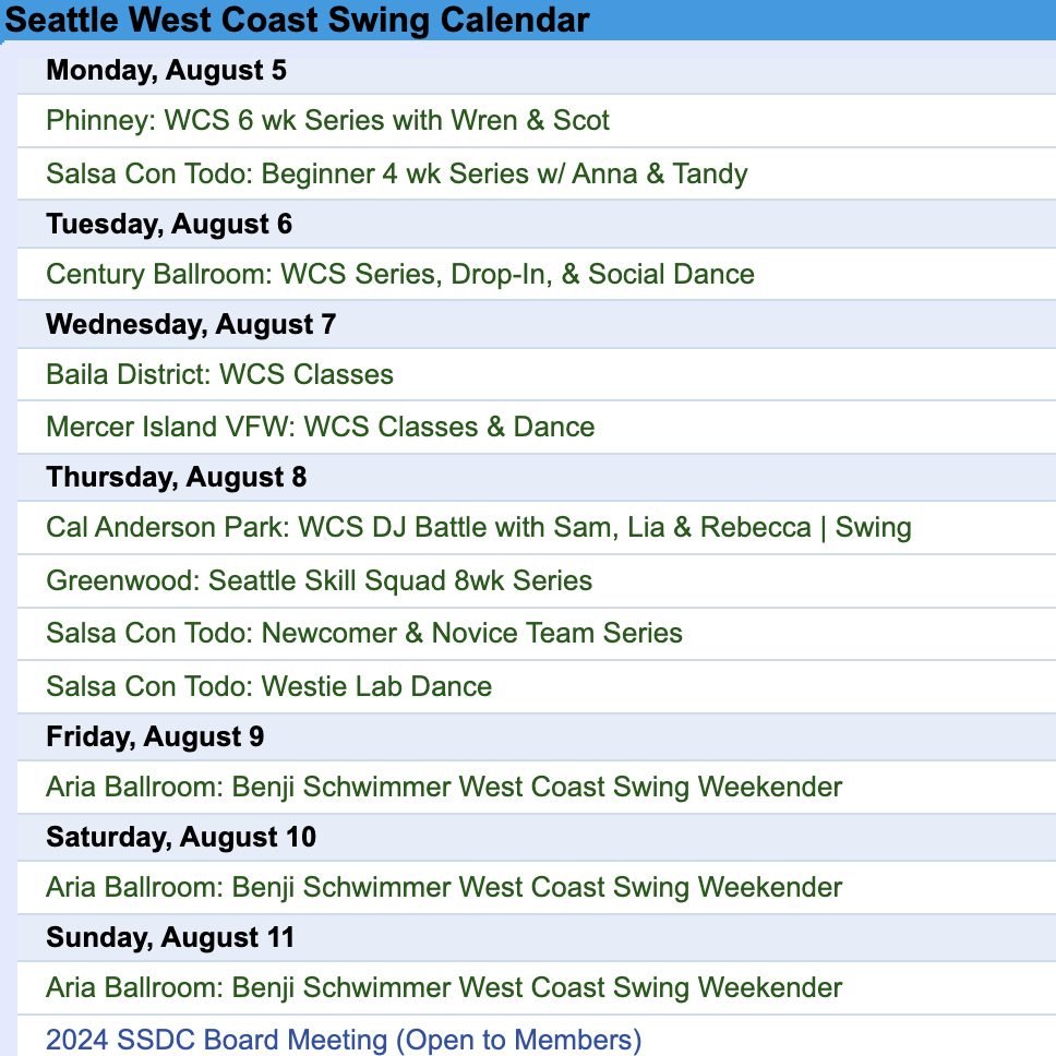 This week in Seattle WCS has another weekender and closing the week with our monthly board meeting! View event descriptions at 'calendar' link in bio.

#partnerdance #WestCoastSwing #Seattle #swingdance #boardmeeting #modernswing