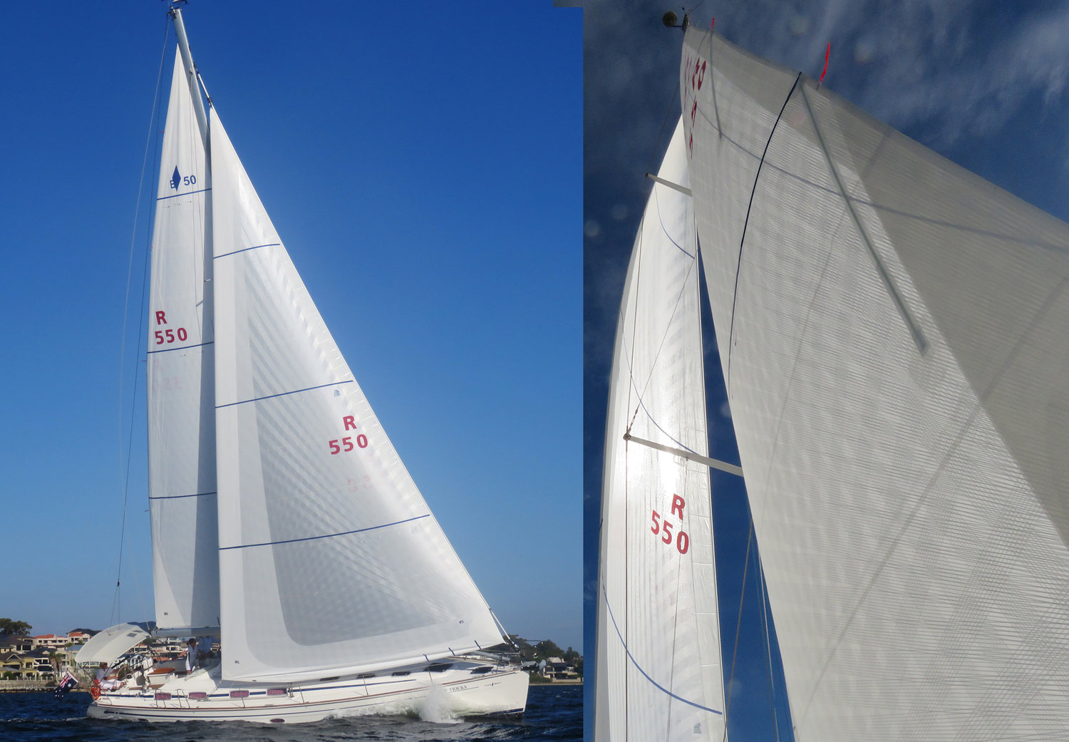 X-Drive Endure rullstor och genua på en Bavaria 50. Med de vita Endumax tejperna på basduken i polyesterlaminat får man ett helt vitt segel med styrka liknande ett kolfibersegel.