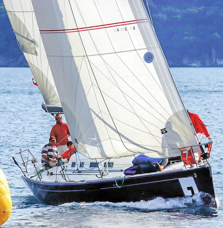 Radial polyester laminate Passagemaker roller-furling genoa. The Passagemaker's standard features are a foam luff for better reefing and furling, reefing reinforcements on the foot and leech and UV covers on the foot and leech.