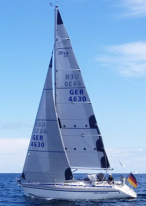The genoa shown above has taffeta on the part of the sail overlapping the mast to protect the tapes and the sail's mylar layer.