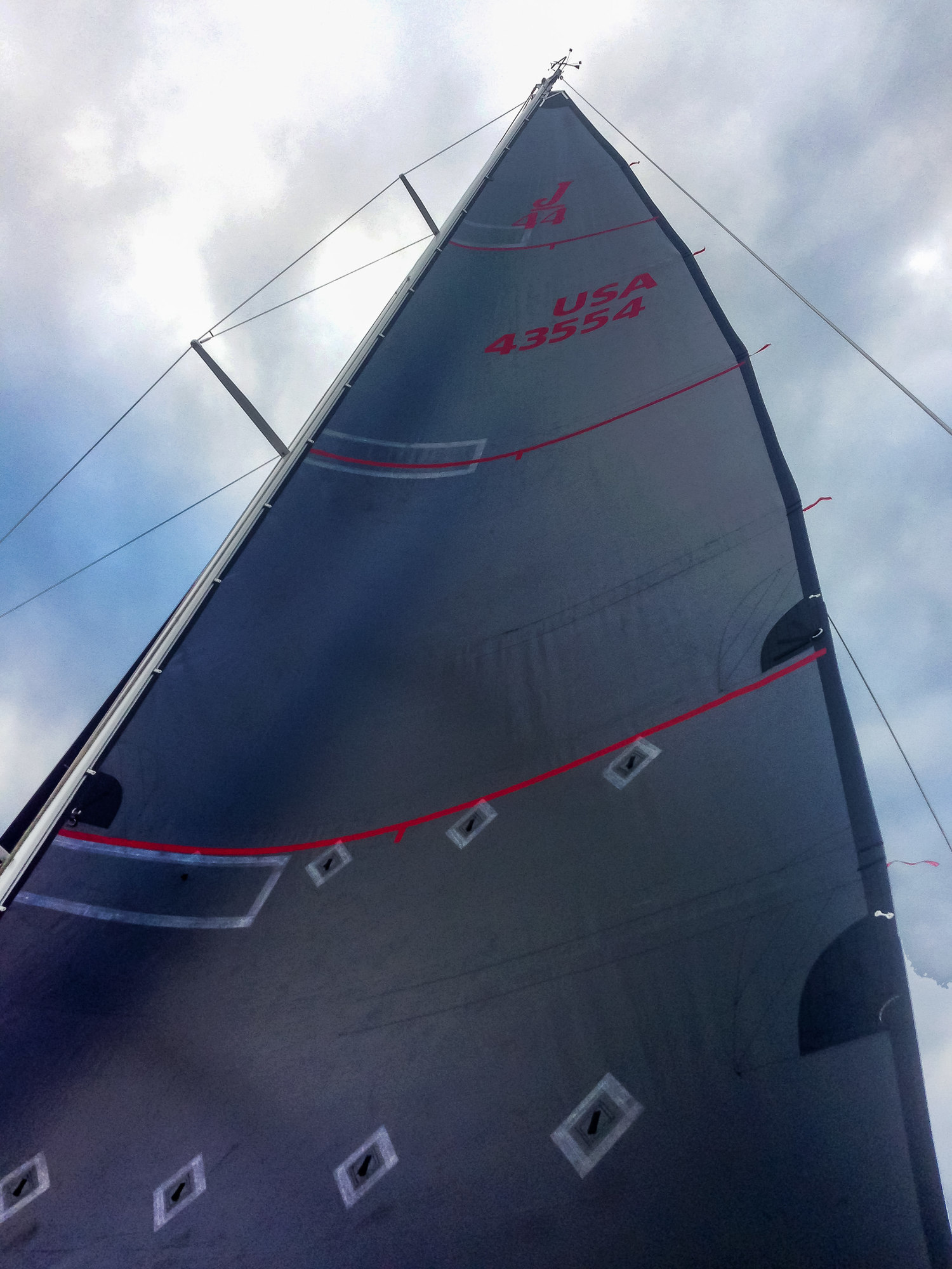 Contrasting draft stripes help sail trimmers see the aerodynamic shape of the sail.