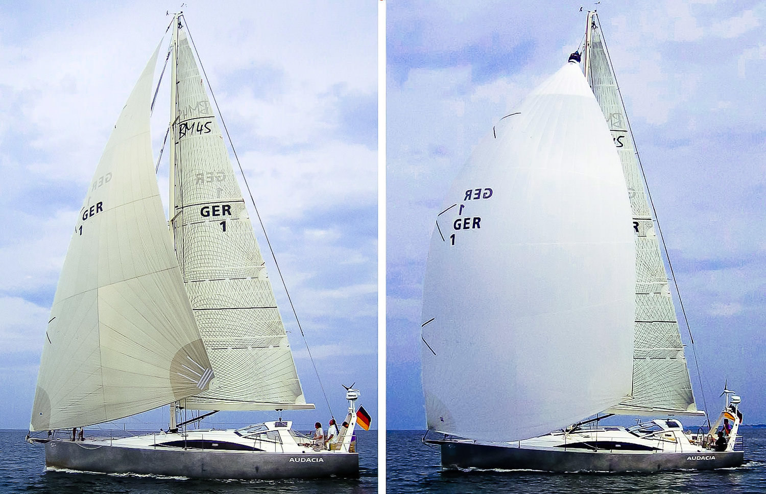 Shown above is a Berckemeyer 45 with a Cruising Code Zero (left) and a Cruising Spinnaker (right). Notice how the Code Zero is a much flatter "triangular" shaped sail that is designed for close reaching. The Cruising Spinnaker is bigger and rounder and designed for broad reaching. Photos courtesy Berckemeyer Yacht Design.