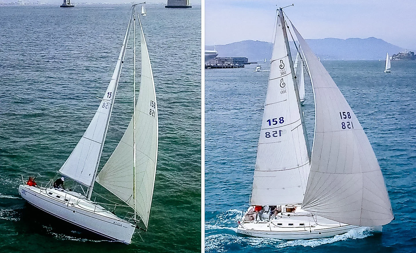 Above Left : A cruising code zero sailing at 55 degrees apparent wind angle with the halyard as tight as possible to straighten the luff. Above Right : the same sail sailing further downwind at 110 degrees apparent wind angle. When sailing deeper angles the halyard can be eased to make the sail fuller.