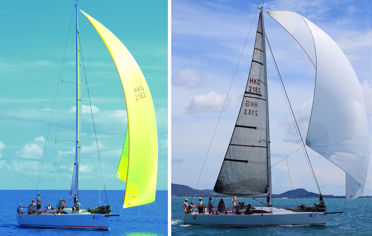 Två olika asymmetriska spinnakers på en Archambault 40 RC. Till vänster syns A1:an som är planare och mindre än A2:an till höger.