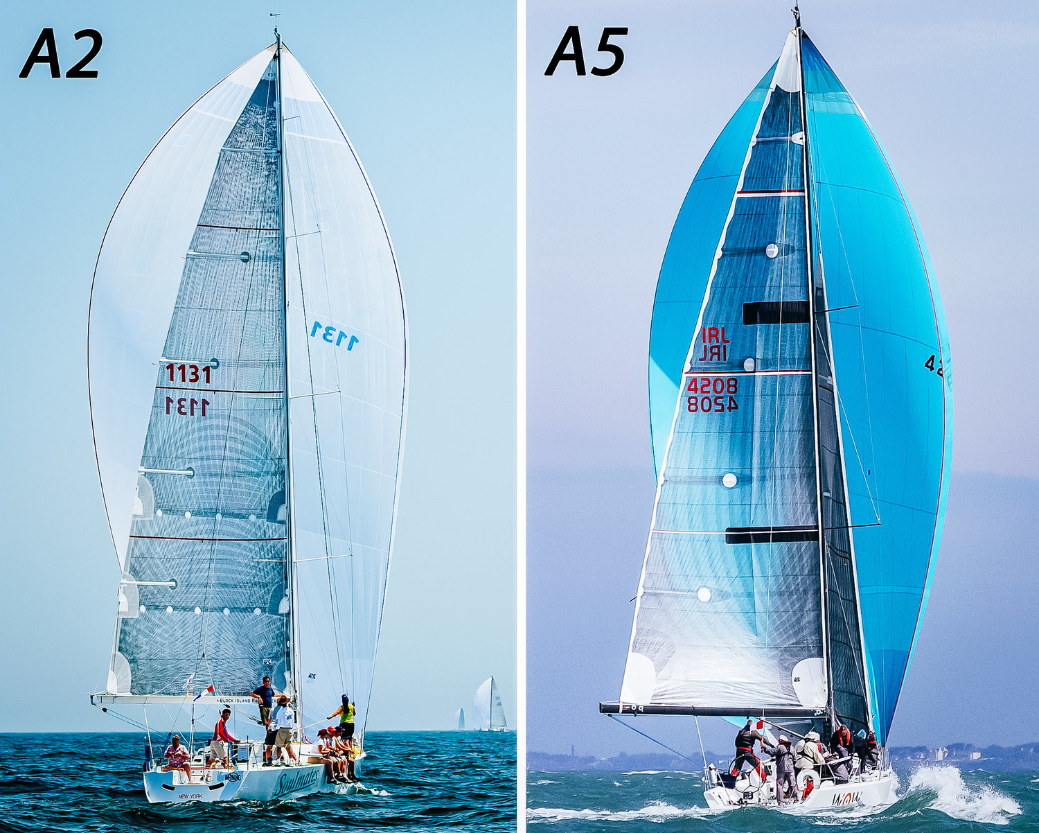 Denna jämförelse visar tydligt skillnaden i storlek och form mellan en A2 (fullstor asymmetrisk) och en A5 (heavy reacher). A2:an är bredare med markerade skuldror medans A5:an är mycket smalare med nästan inga skuldror.