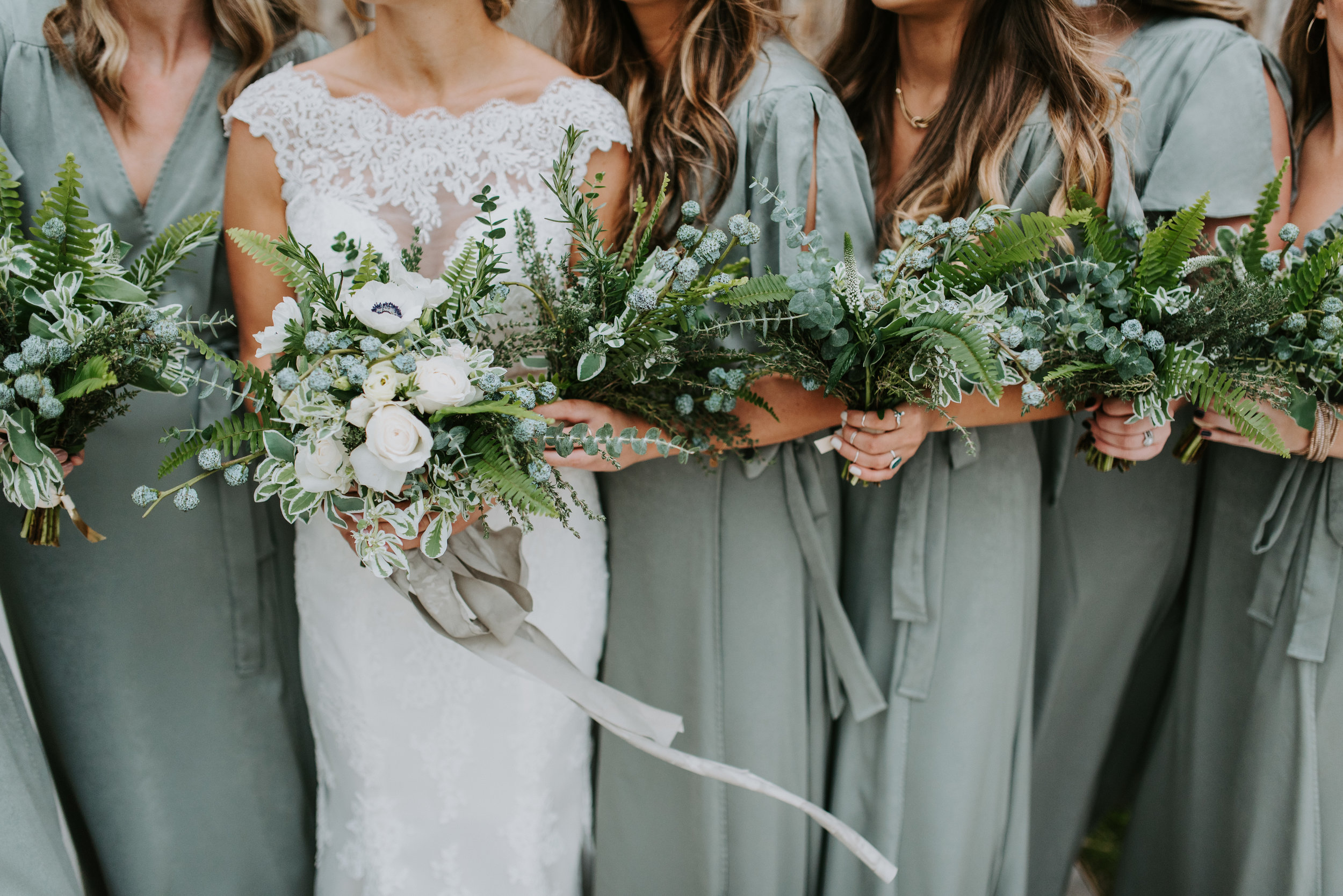 greenery bouquets with ribbons and sage green bridesmaids dresses memphis wedding