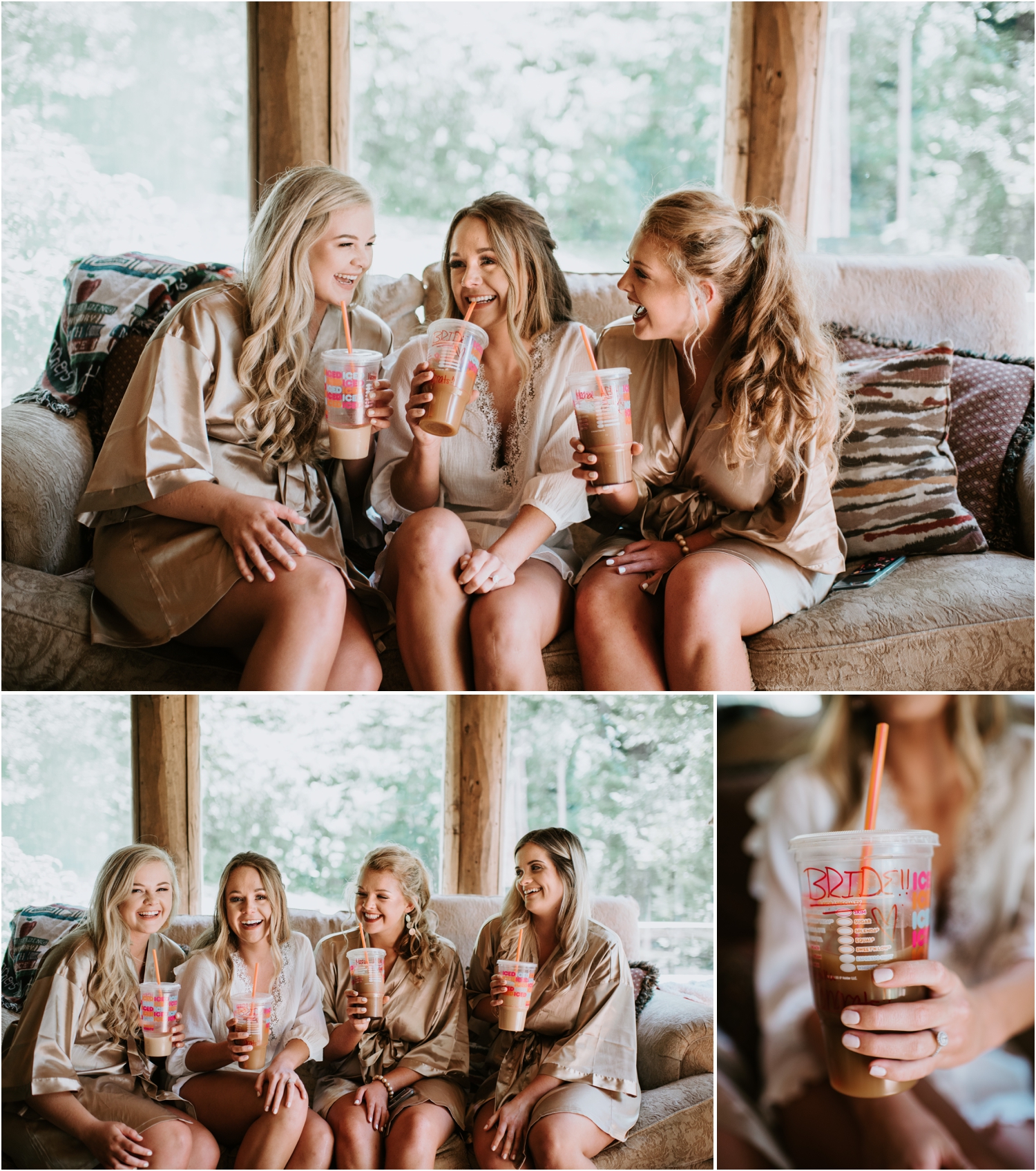 bride and bridemaids laughing drinking coffee dunkin donuts