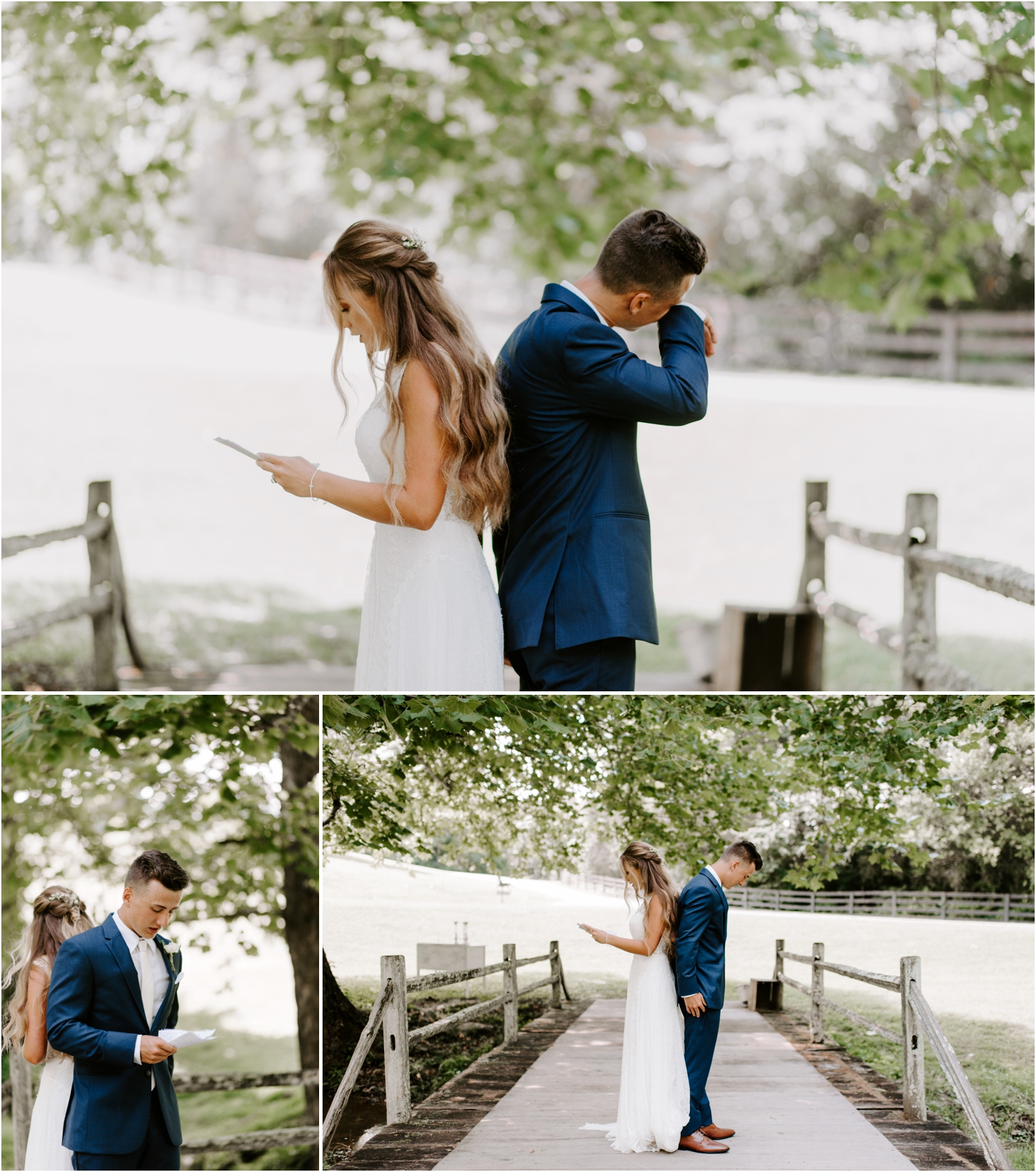 groom crying during first look reading letters to each other