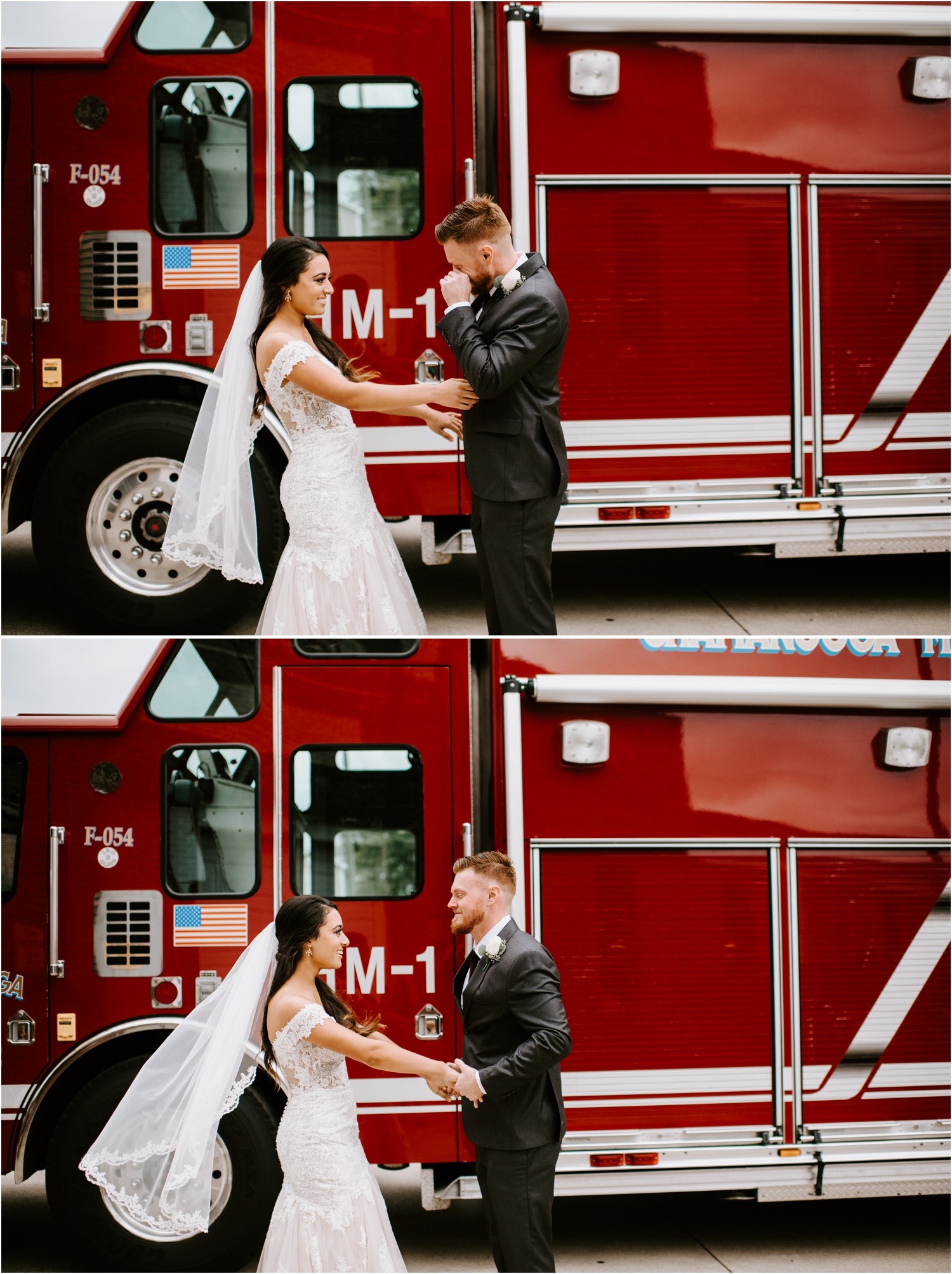 tearful first look in front of fire truck at fire station guy with red hair veil blowing