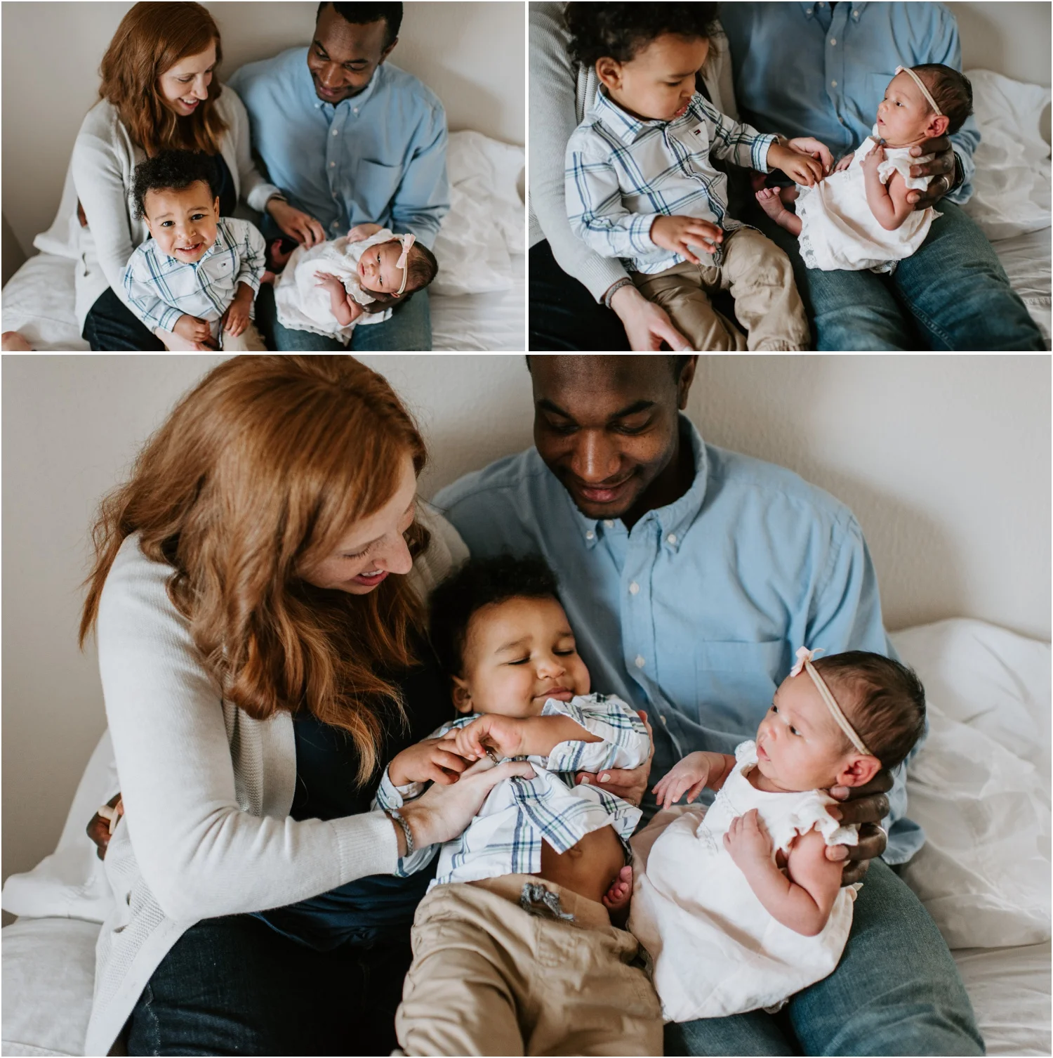 family laughing together on bed newborn session memphis