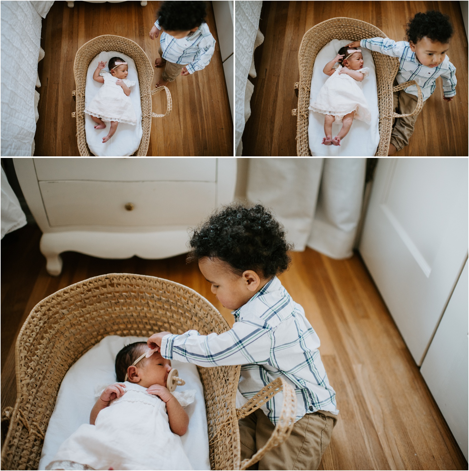 newborn and toddler baby in moses basket bassinet candid in home family memphis