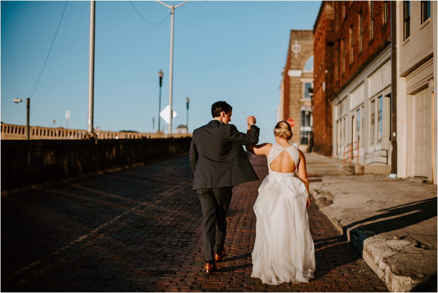 golden hour sunset bride and groom picture cobblestone road