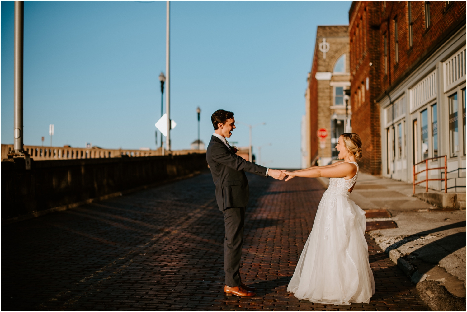 golden hour sunset bride and groom picture cobblestone road