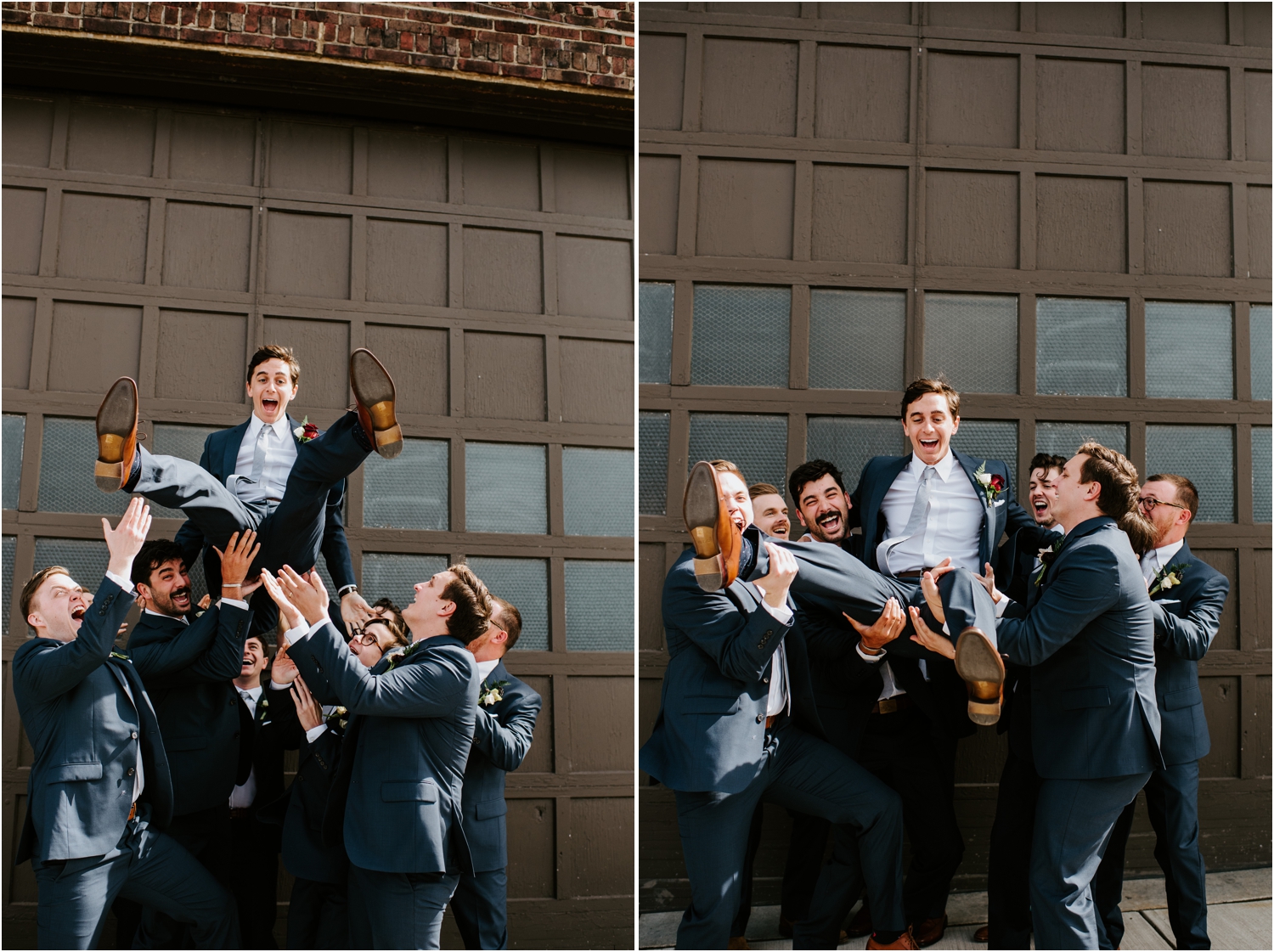 groomsmen in navy suits throwing groom into the air