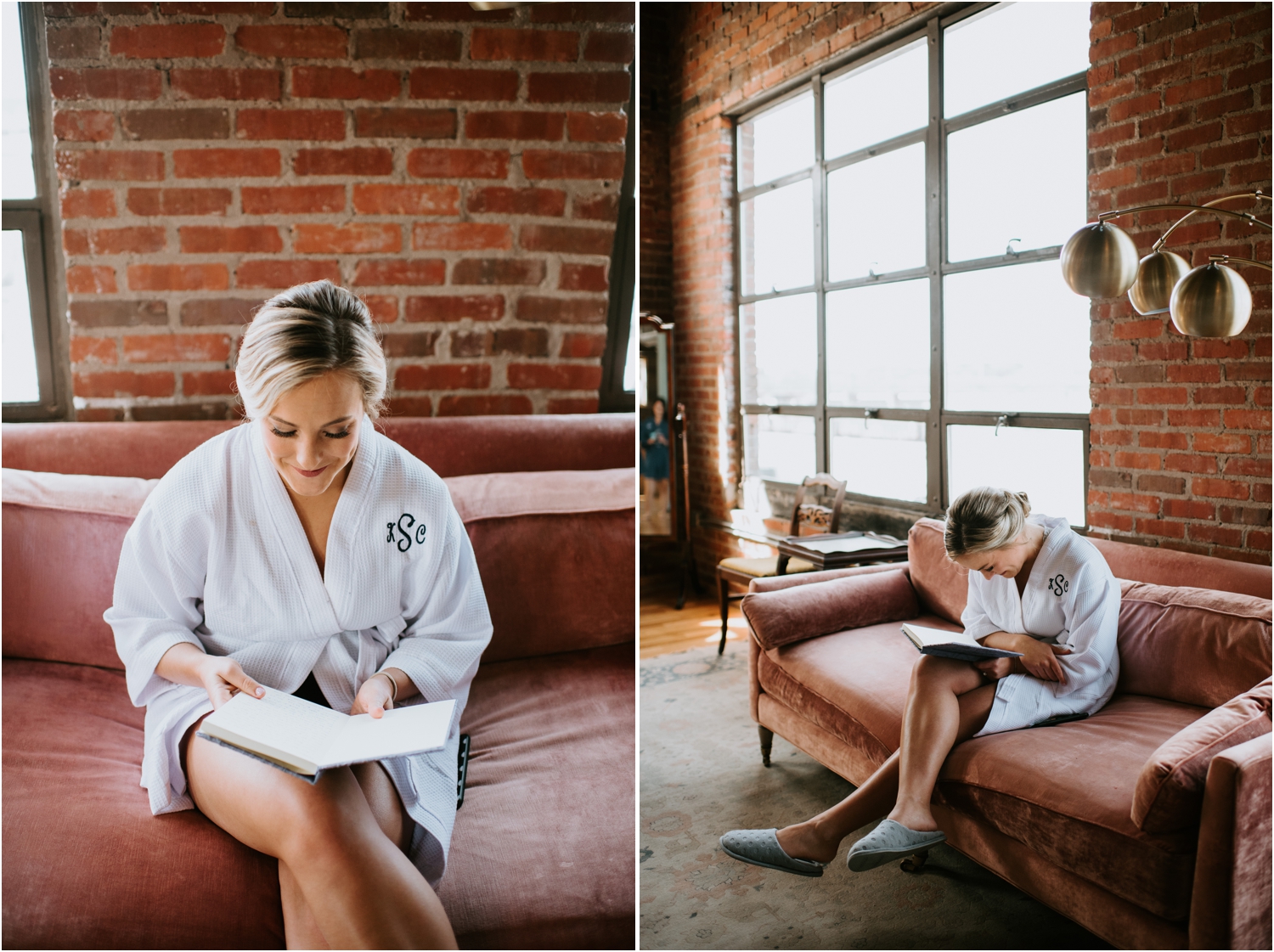 bride reading letter before wedding in white robe on velvet couch