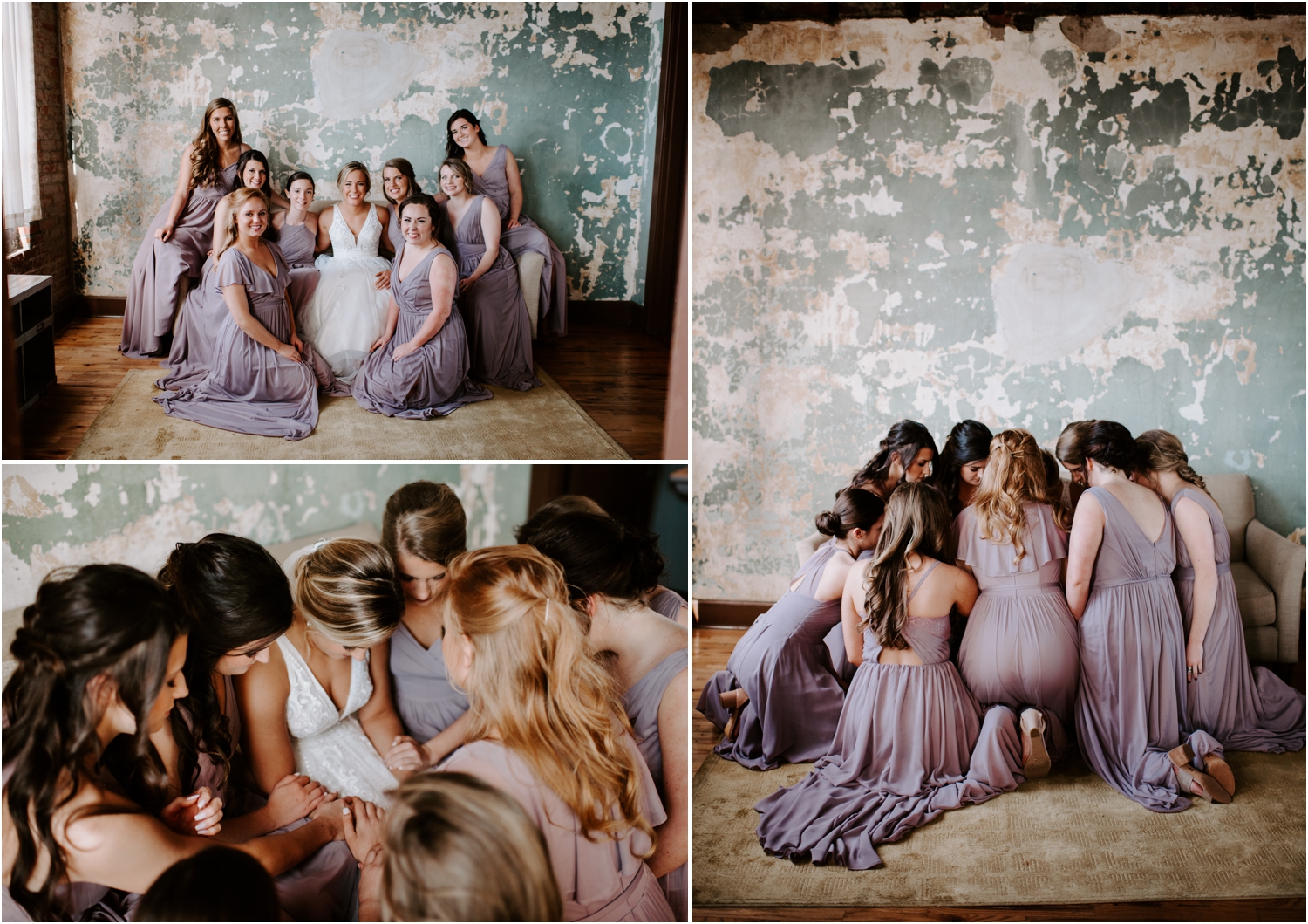 bridesmaids praying with bride at wedding