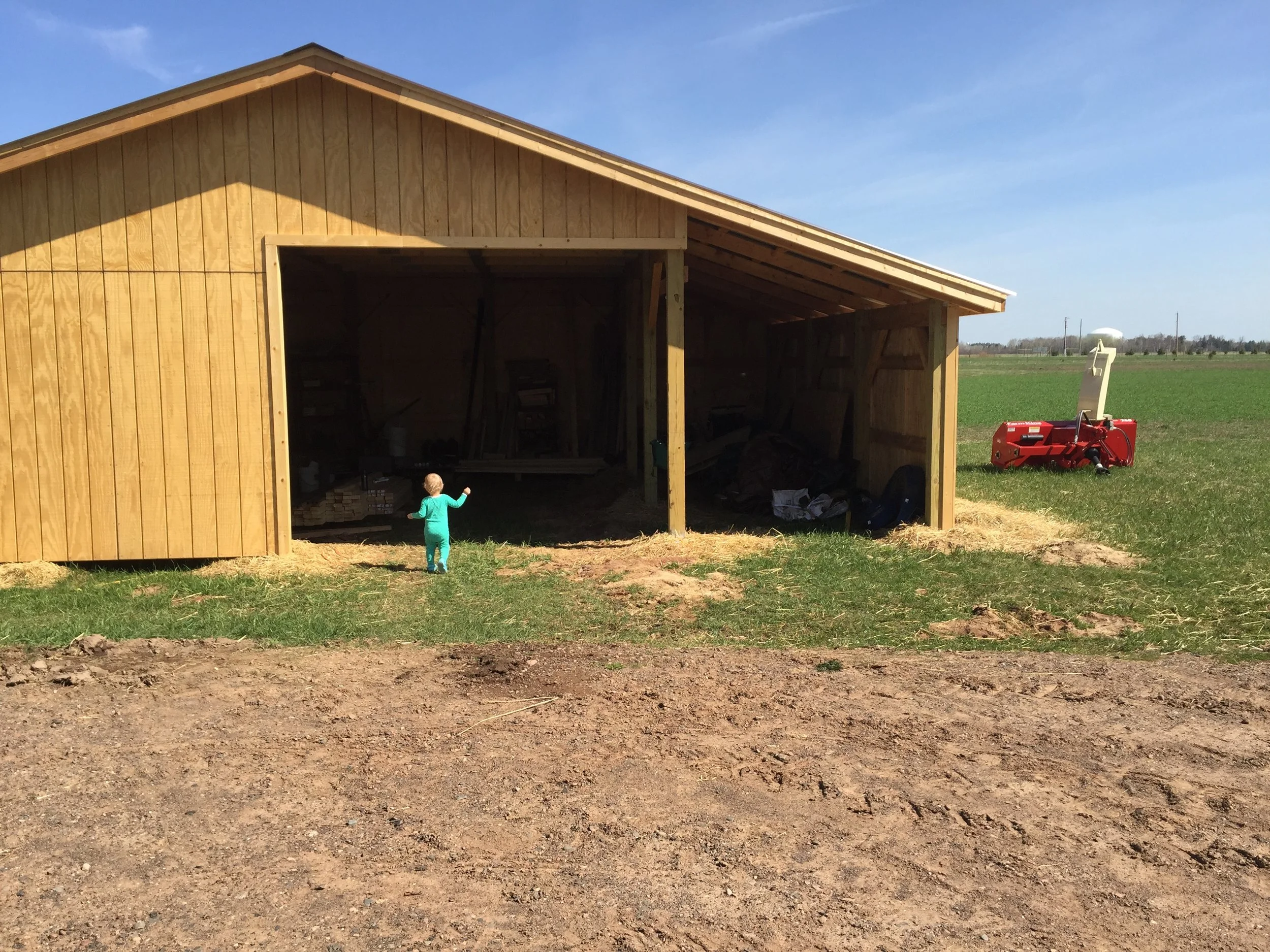 The kiddo explores the newly finished machine shed