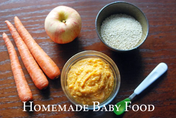 Homemade baby food using fresh fruits and vegetables.