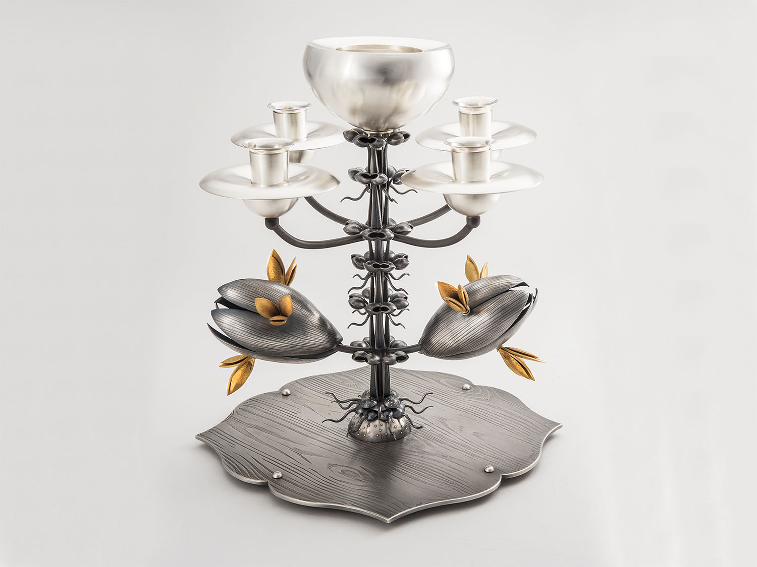 Blossfeldt Candelabrum  |  2015  |  958 & sterling silver, bronze, 24k gold & silver plate  |  15 x 12 x 12 inches