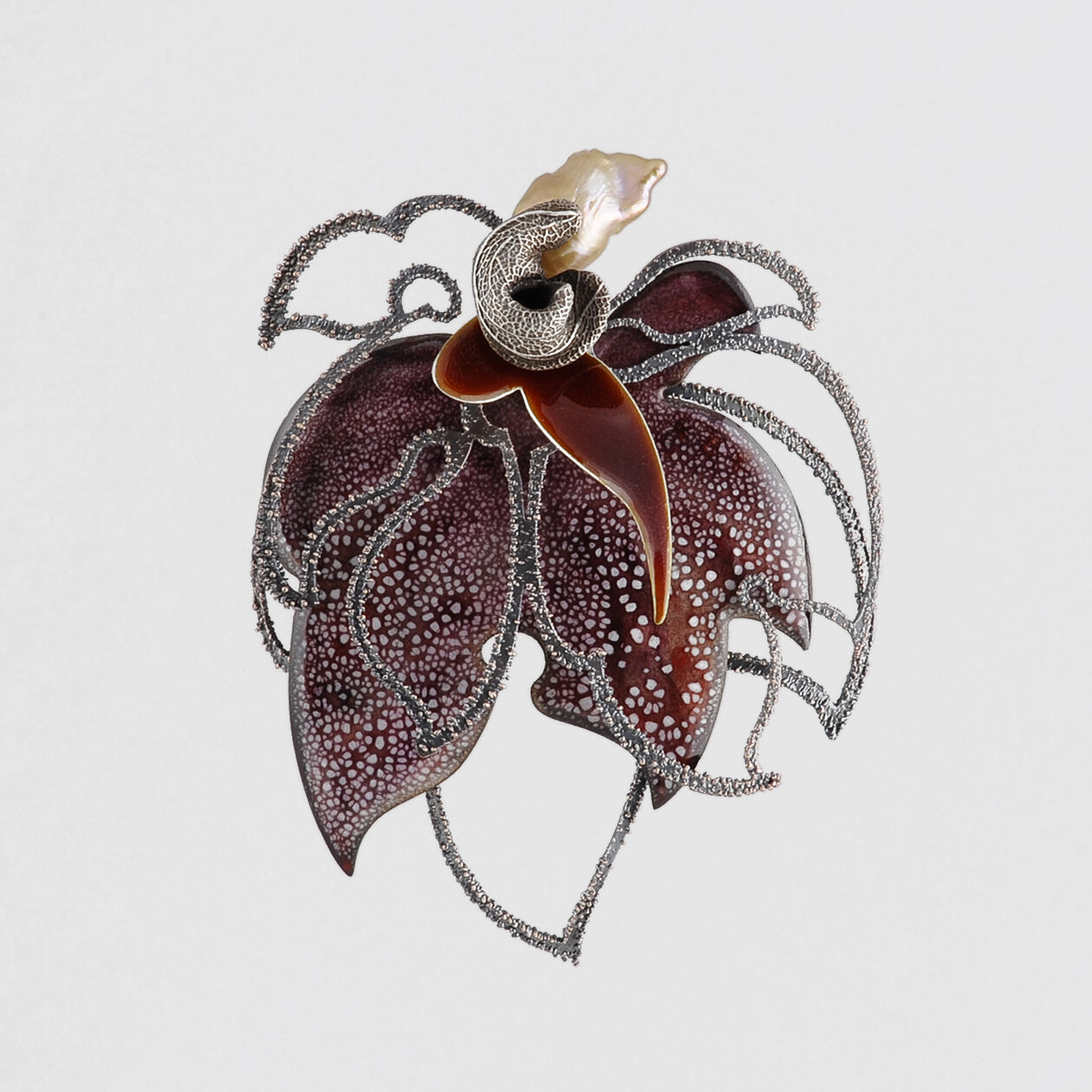Ruby Rosette  Brooch RB218   |   2018   |   sterling silver, copper, pearl, enamel   |   4 x 3 x 1 inches   
