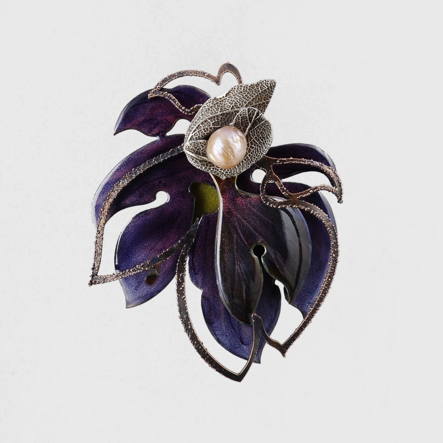 Blue Violet Rosette Brooch RB118     |     2018     |     silver, copper, pearl, enamel     |     3.75 x 3 x .75 inches