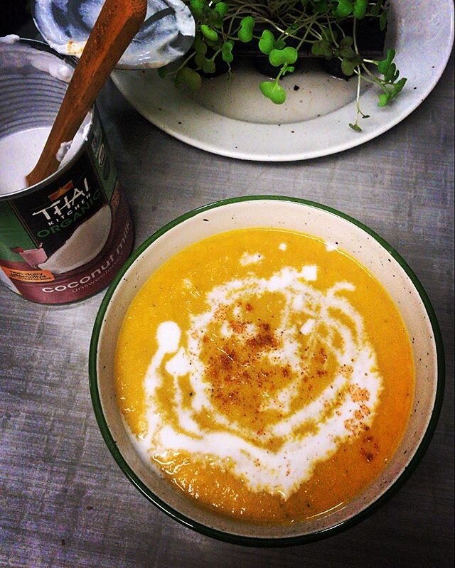 Soupy vibes// all you have to do here is saut&eacute;e first the garlic, onion and ginger with olive oil or small amount of water until fragrant. Next add in the chopped carrots and spices and stir to coat. Pour in coconut milk and veggie broth and s