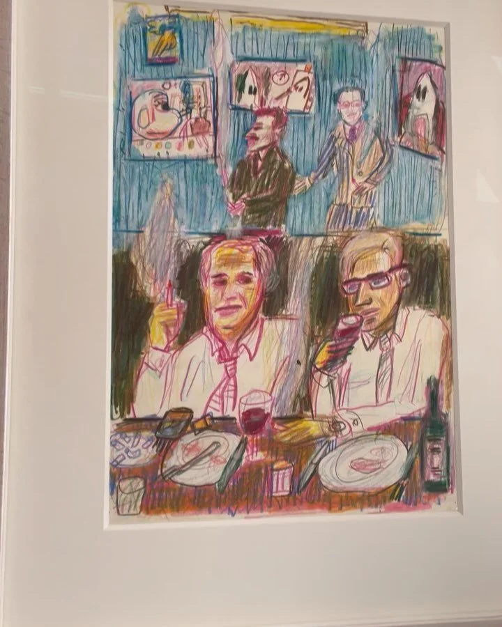 Matthew Collings&rsquo; drawing of an encounter between Guston and De Kooning, see the full story in the third slide. 
Framed in a double sided beech frame with limewax finish and extra thick window mounts.

You can really see the difference between 