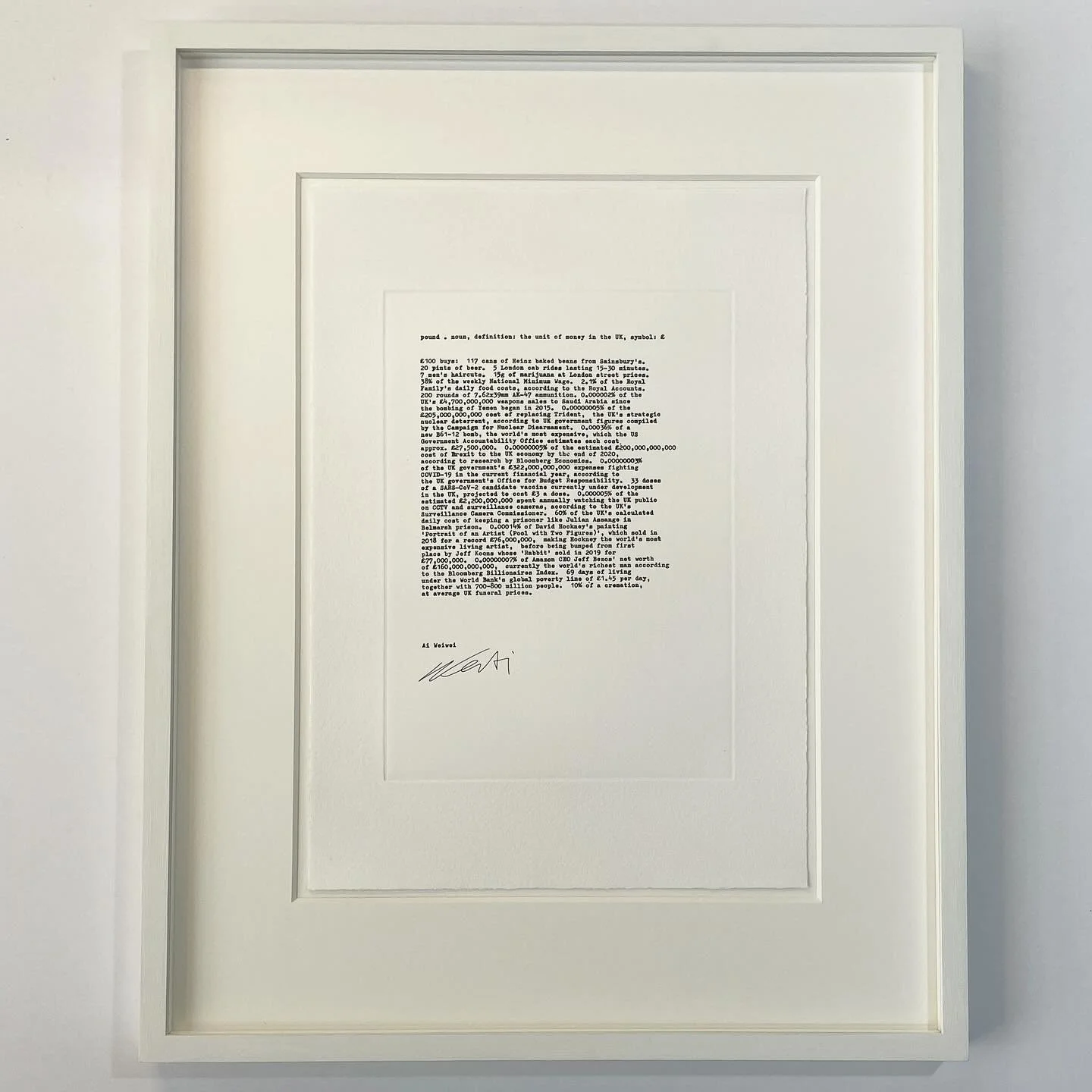 Ai Weiwei, &pound; (pound)

Framed in a hand finished white frame with extra thick window mount, 6mm slips and non reflective glass! 👌 

#frameworkframing #aiweiwei #poundnoun #bespokeframing