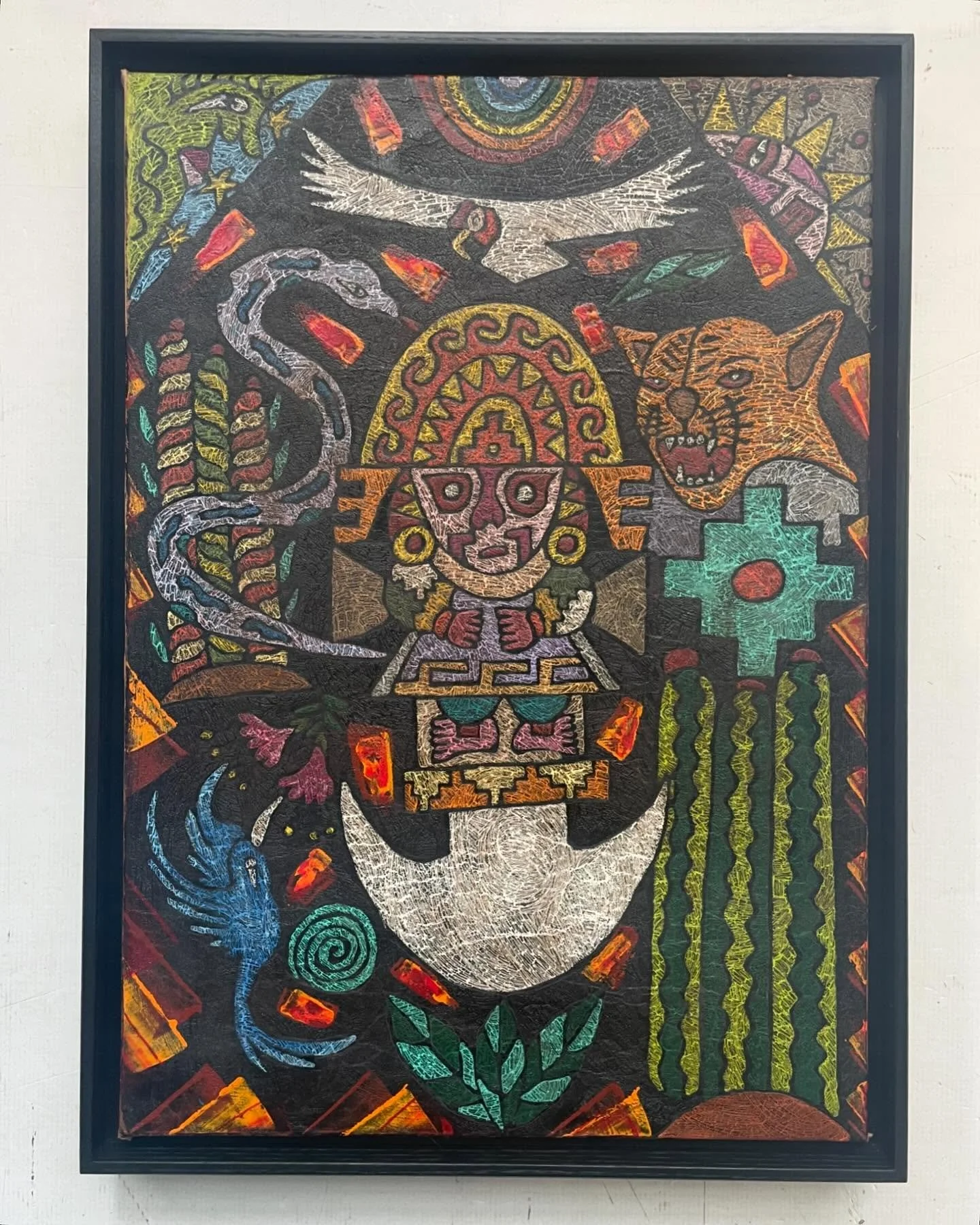 Interesting artwork on animal hide, framed in a hand finished black stained ash tray frame. 🌲 🖌️