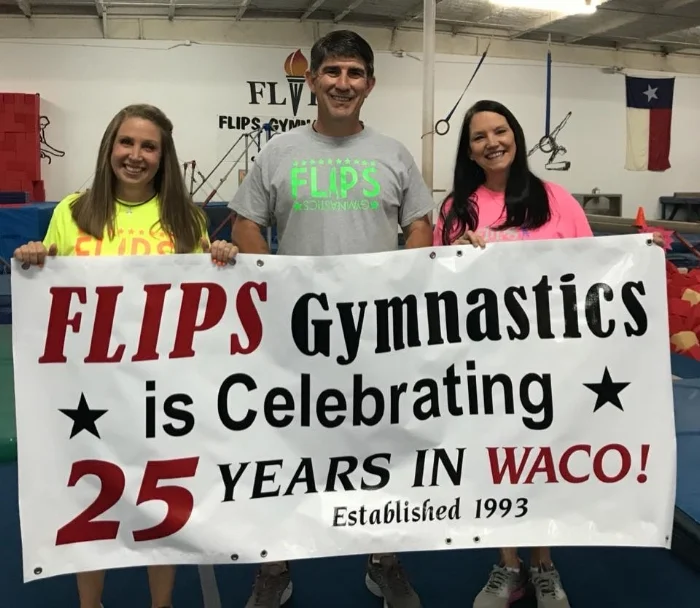 Owners of Flips Gymnastics Stephanie and Dale Mayfield with Darlene Brooks