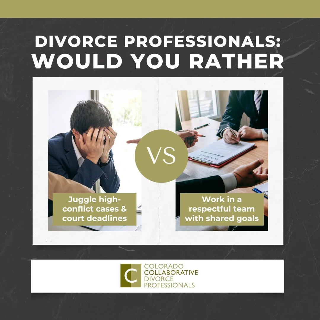 Tired of the endless cycle of conflict? Collaborative divorce lets you focus on resolution, not courtroom chaos.

#CollaborativeDivorce #DivorceSupport #FamilyLaw #MentalHealth #ColoradoDivorce