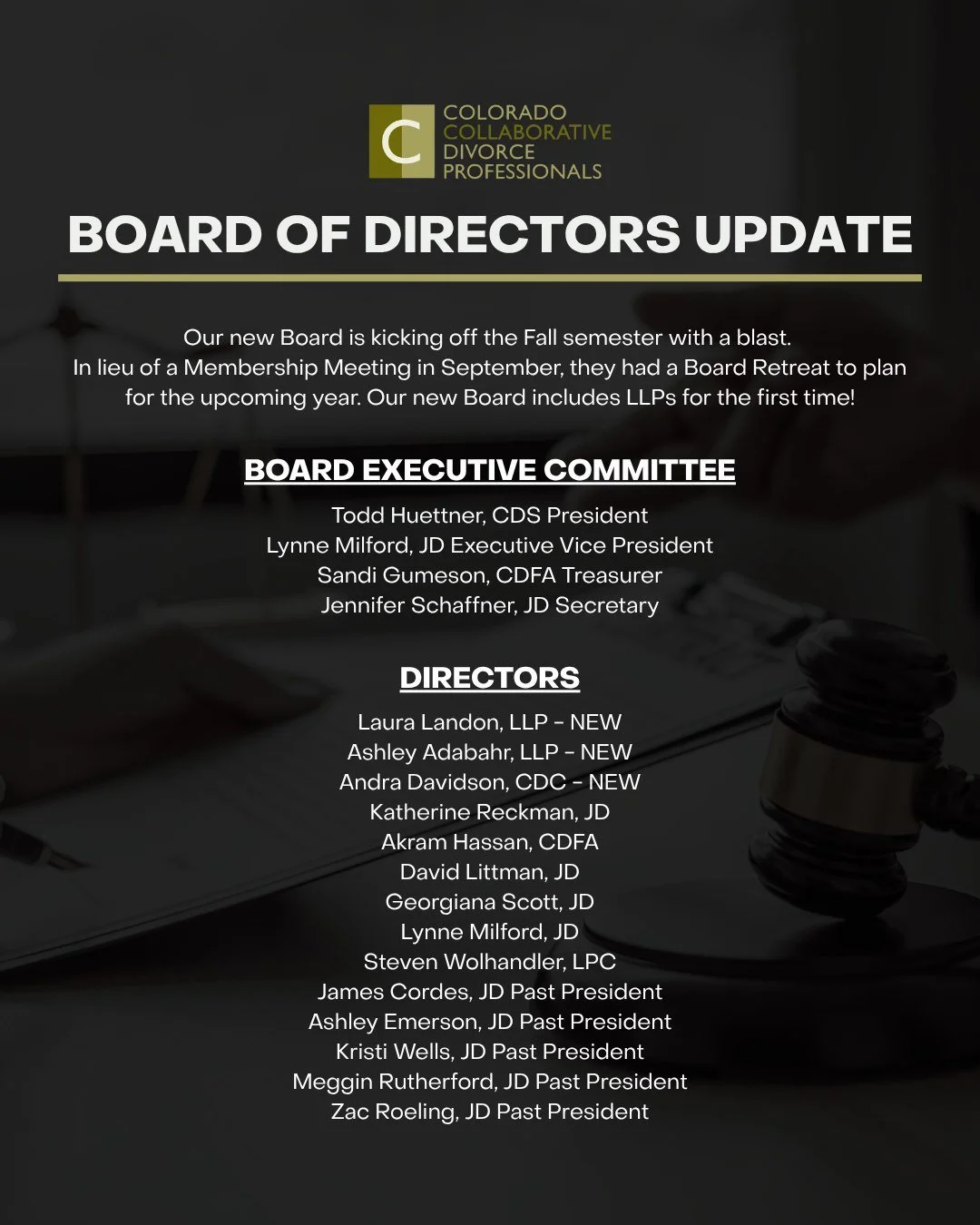 Exciting Updates from Colorado Collaborative Divorce Professionals!
Our new Board is kicking off the 2024–2025 year strong. This term brings exciting growth for CCDP, including welcoming Licensed Legal Paraprofessionals (LLPs) for the first ti