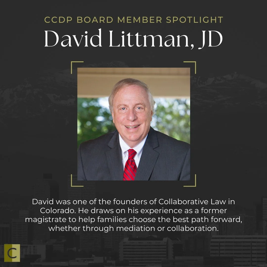 Meet David Littman, JD, a pioneer of collaborative law and CCDP Board Member! A former magistrate, he uses his deep experience to guide families toward the best resolution method for their needs.