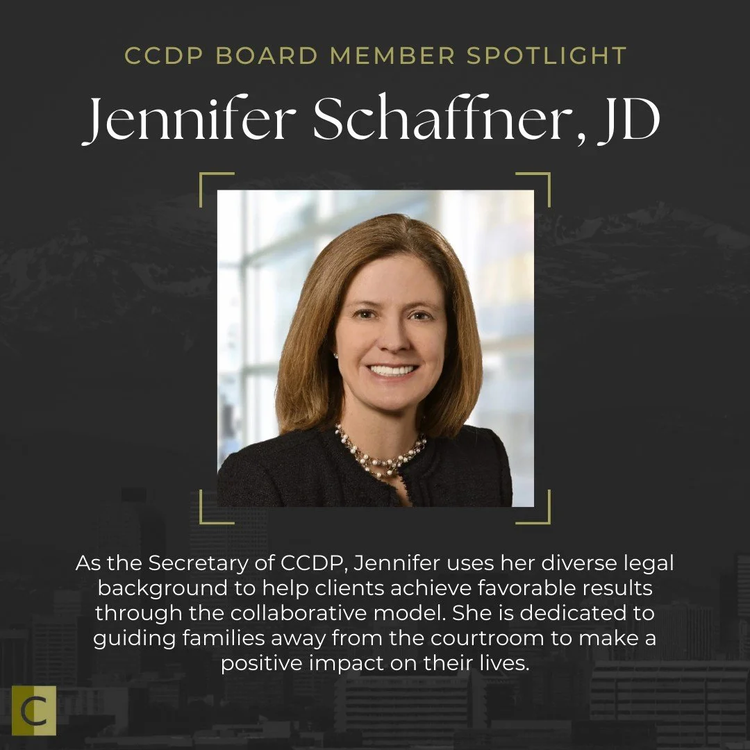 Meet Jennifer Schaffner, JD, the Secretary of CCDP! Focusing exclusively on family law, she uses her diverse legal background to help clients achieve favorable results through the collaborative model.