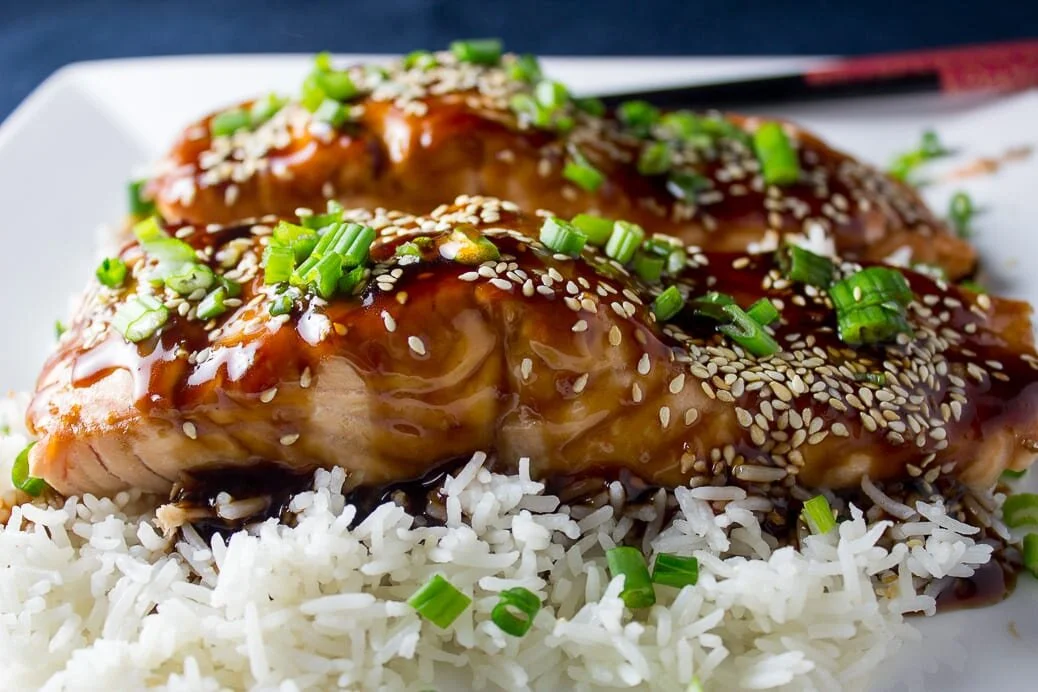 Teriyaki Salmon with Rice and Veggies, $17.50 (gluten free)