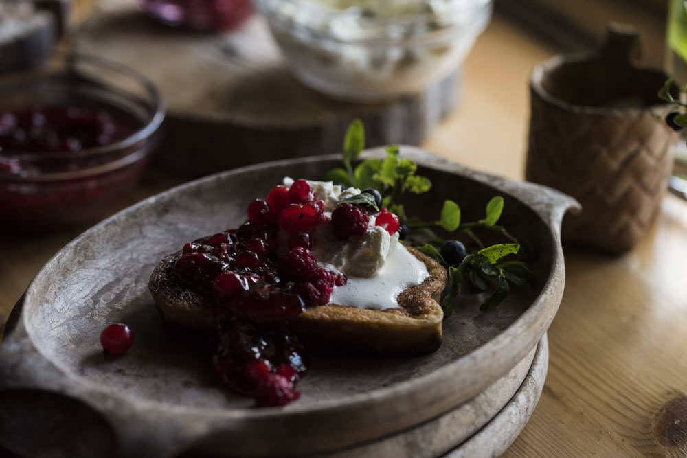 Save the sweets for last! A fresh dessert made with red currant, wild raspberries and cream, on French toast