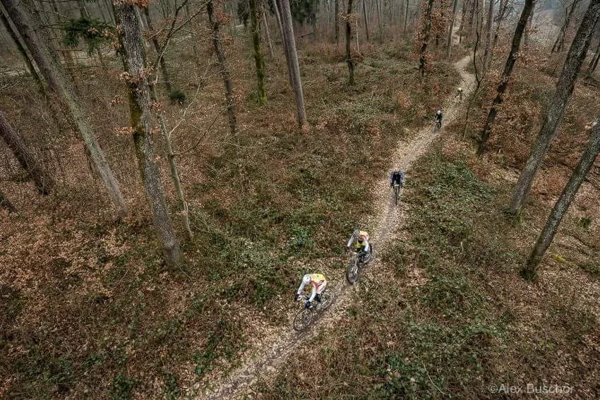 Bird's eye view of us riding on a beautiful trail along the Rhine