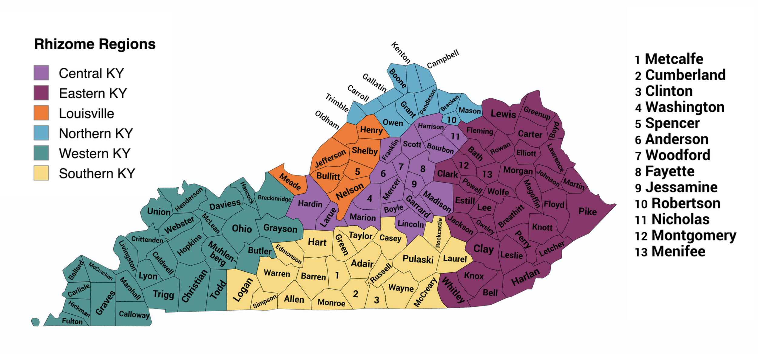 Color-coded region map of KY. For a text-based county breakdown, email us at kentuckyrux@gmail.com