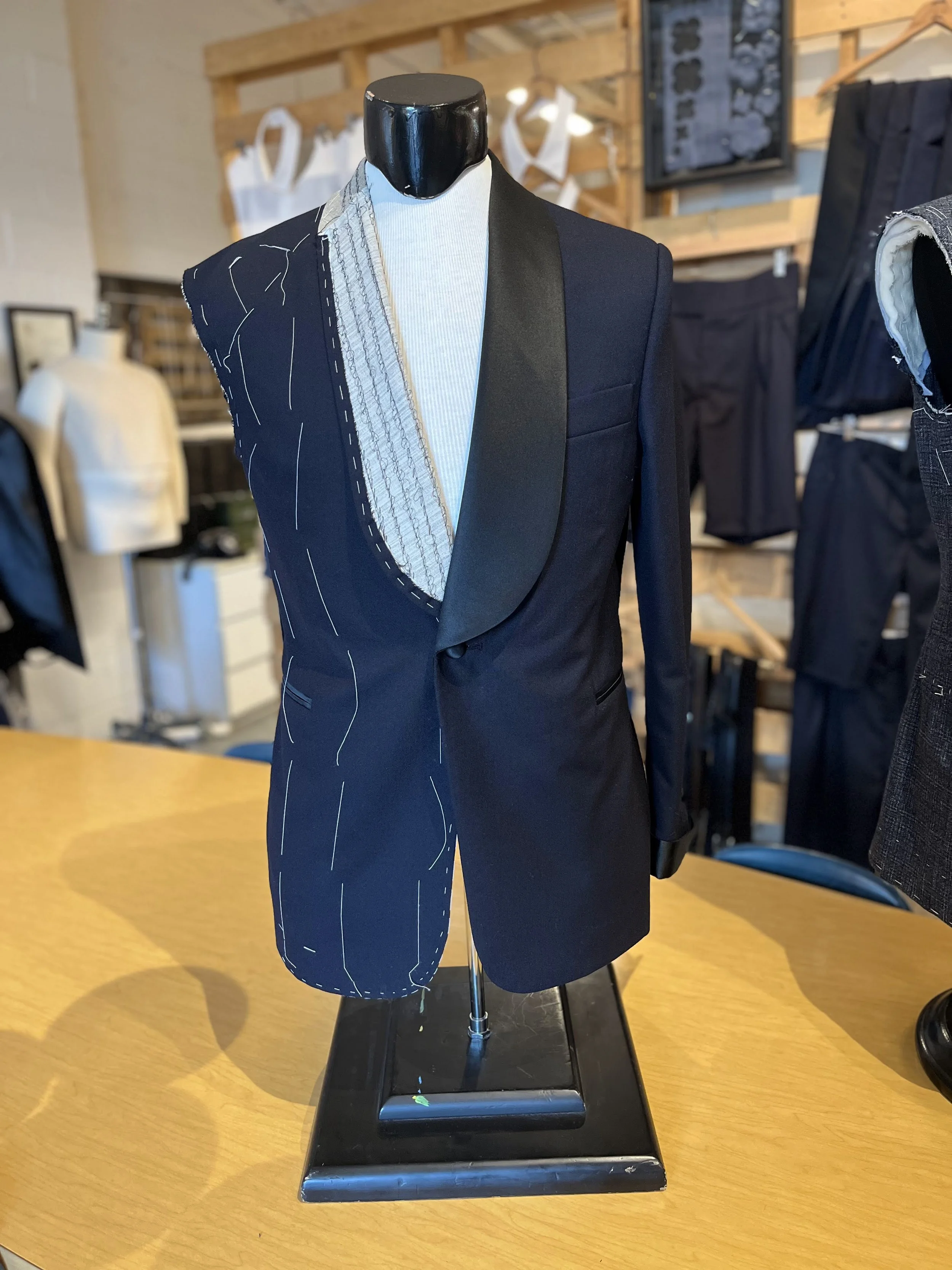 Sample Bespoke Single Breasted Shawl Collar Tuxedo, in a classic fabrication. Made in the Philip Sparks Toronto Tailoring Studio