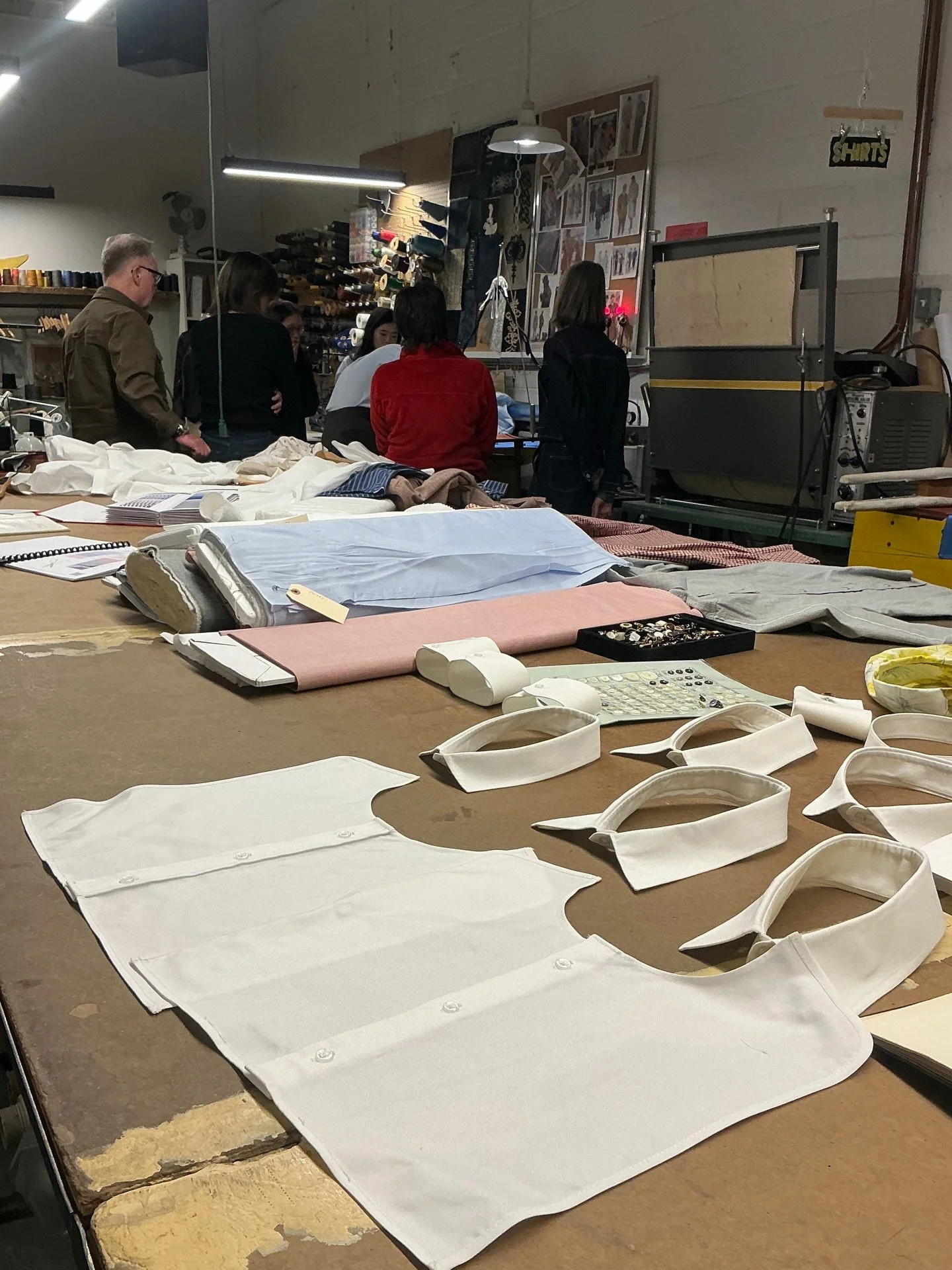 Last night we talked all things dress shirts! Including detachable collars, studs, and cufflinks. Here Takuma gave a demonstration on sewing a shirt sleeve placket and flat felling the side seam.
We look forward to our very first hands on workshop on