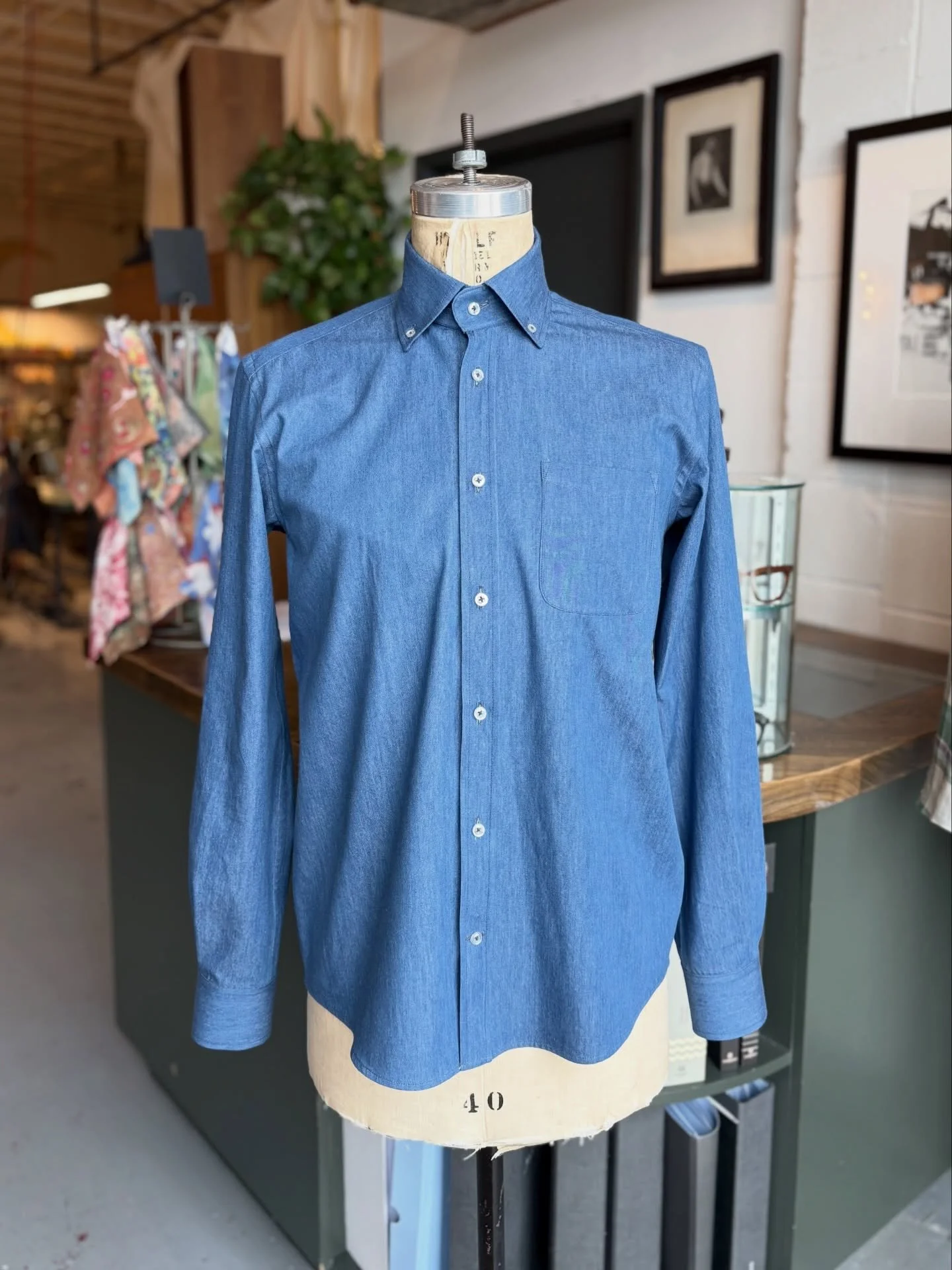 A bespoke chambray button down shirt hot off the press

Book with us online for a bespoke shirt consolation.