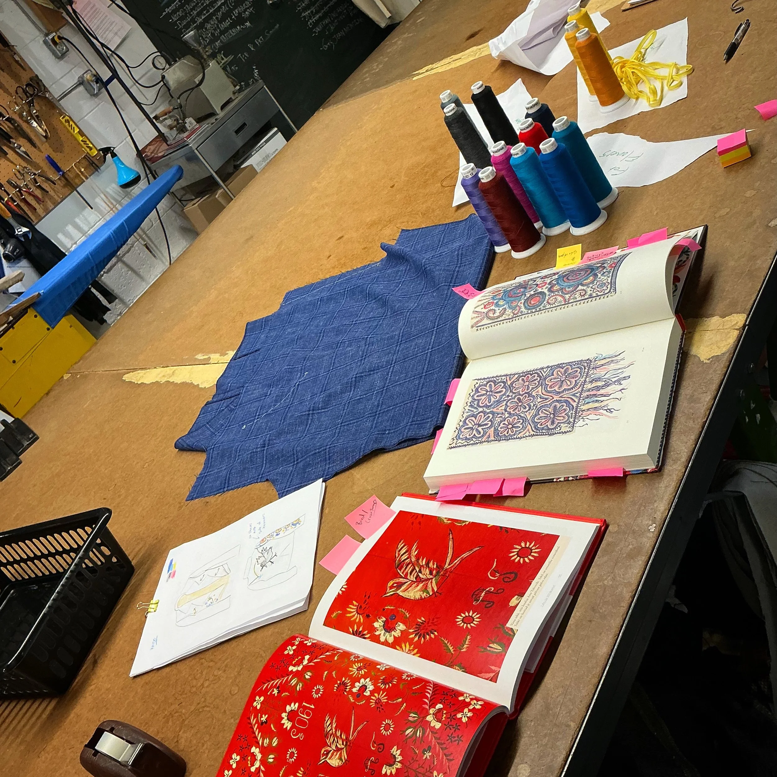 Having fun with embroidery! We&rsquo;re starting a western rodeo suit with lots of in house embroidery on our antique hand operated Cornely machine. Picking colours, finalising layout and design&hellip; it is a very involved process before the embroi