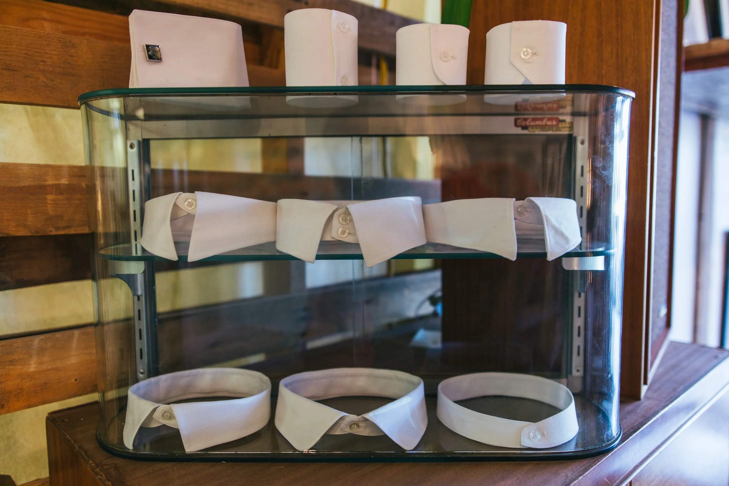 Bespoke shirt collar and cuff samples in the Philip Sparks studio
