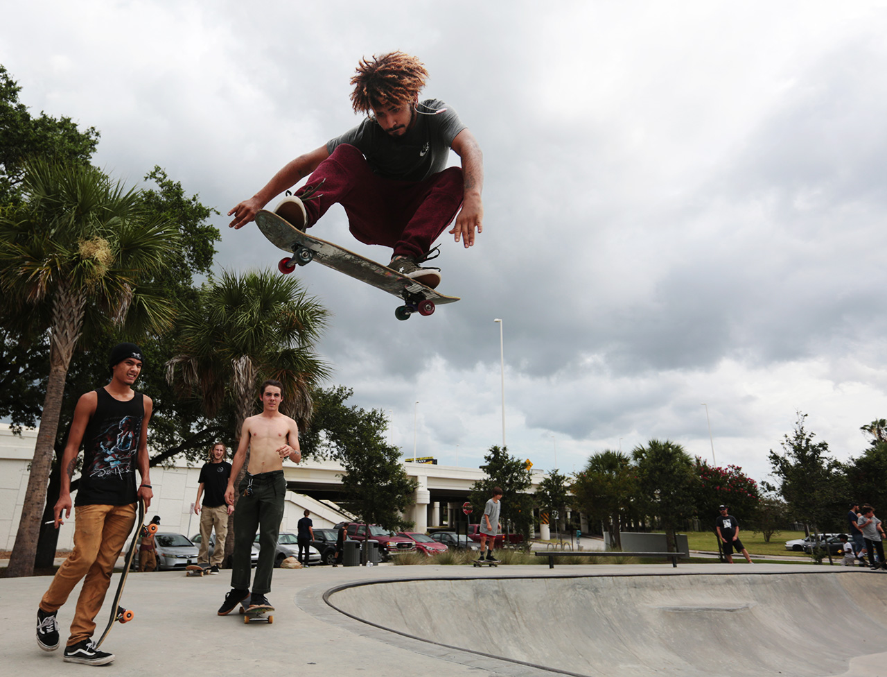 Luis Bermudez, 21, of Tampa, flies over the lip of the bowl before the Go Skateboarding Day at the Bro Bowl located at Perry Harvey Sr. Park on Thursday, June 21, 2018 in Tampa