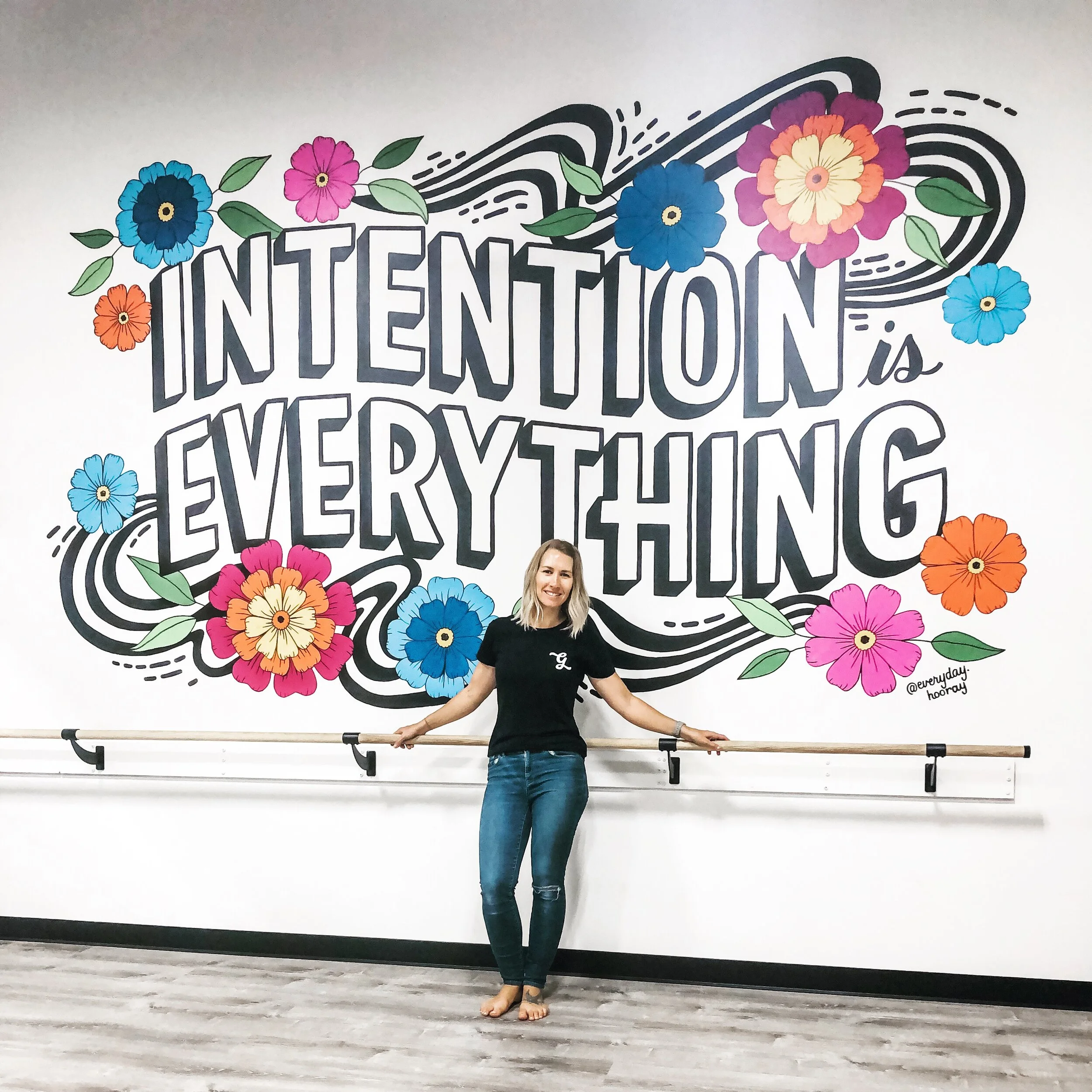  Mural painted at Beets Cycle Barre in Livermore, CA. This mural features the saying “Intention is Everything” with the incorporation of florals and movement. This mural lives in the barre studio in hopes that it provides motivation to participants. 