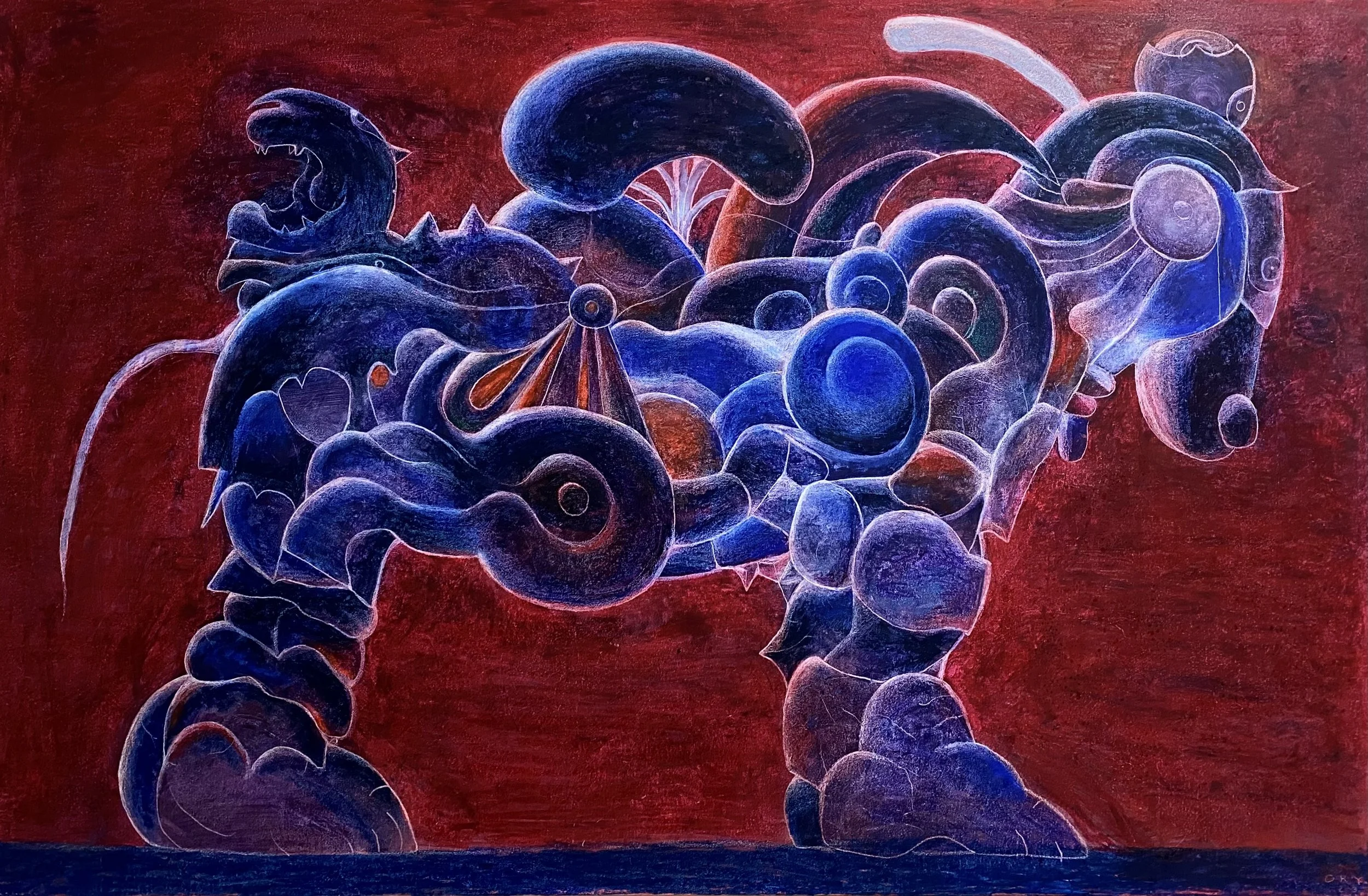 Eudysdaimon, 26 x 40, oil pastel on wood panel, 2023