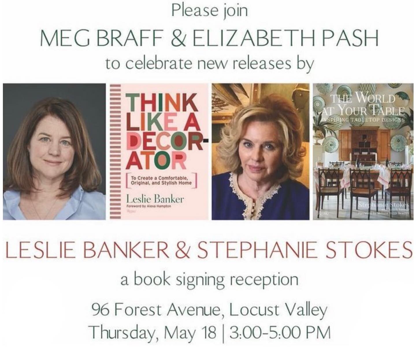 Join DC President @elizabethpash and DC member @megbraffdesigns on Thursday, May 18th, to celebrate new releases by DC members @lesliebanker and @sstokesnyc. 

The book signing reception is this Thursday, May 18th from 3:00 - 5:00 at 96 Forest Avenue