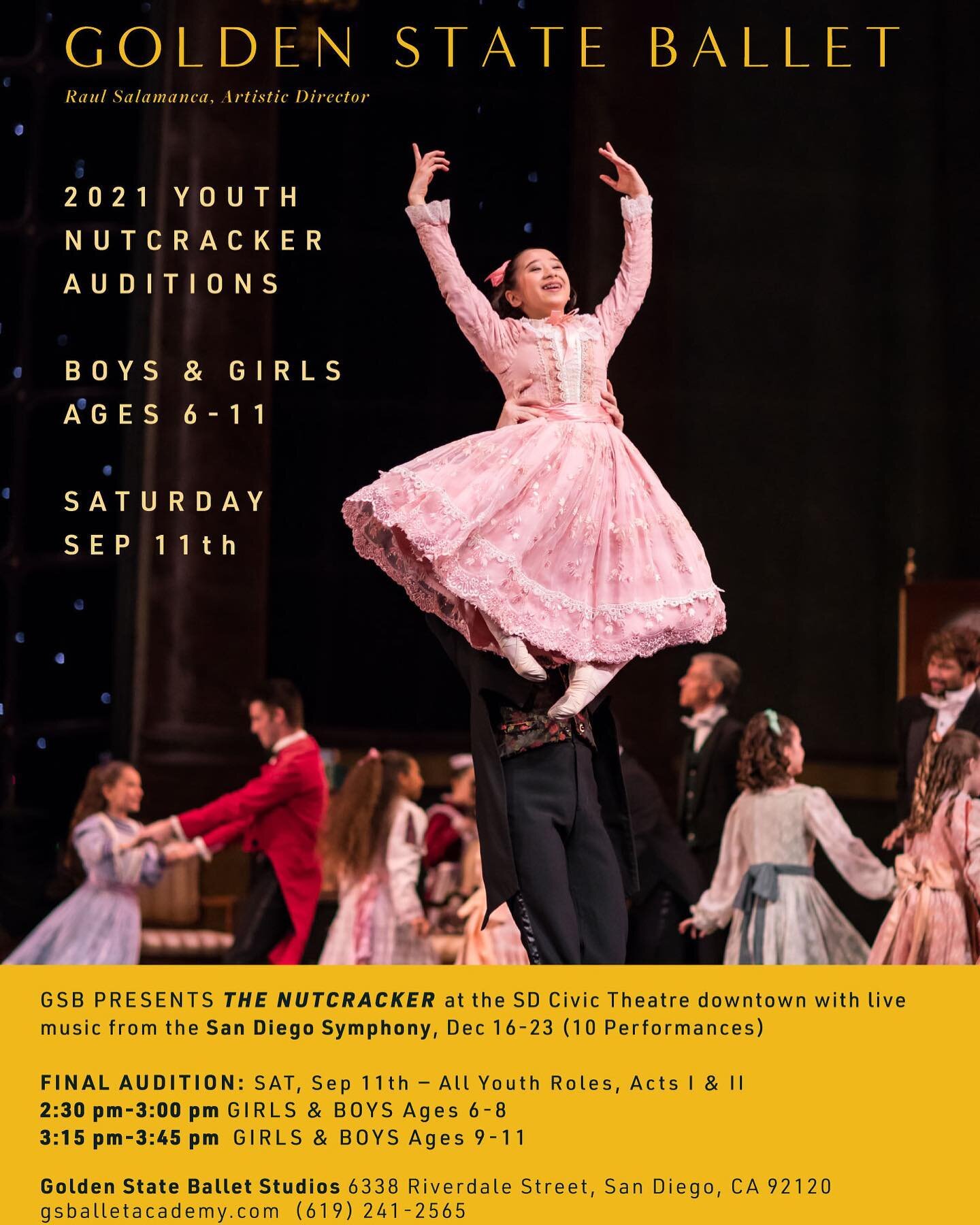 FINAL AUDITION CALL: Golden State Ballet Company presents The Nutcracker at the San Diego Civic Theatre, with LIVE music by The San Diego Symphony! Don&rsquo;t miss the opportunity to be a part of San Diego's only professional full-length Nutcracker 